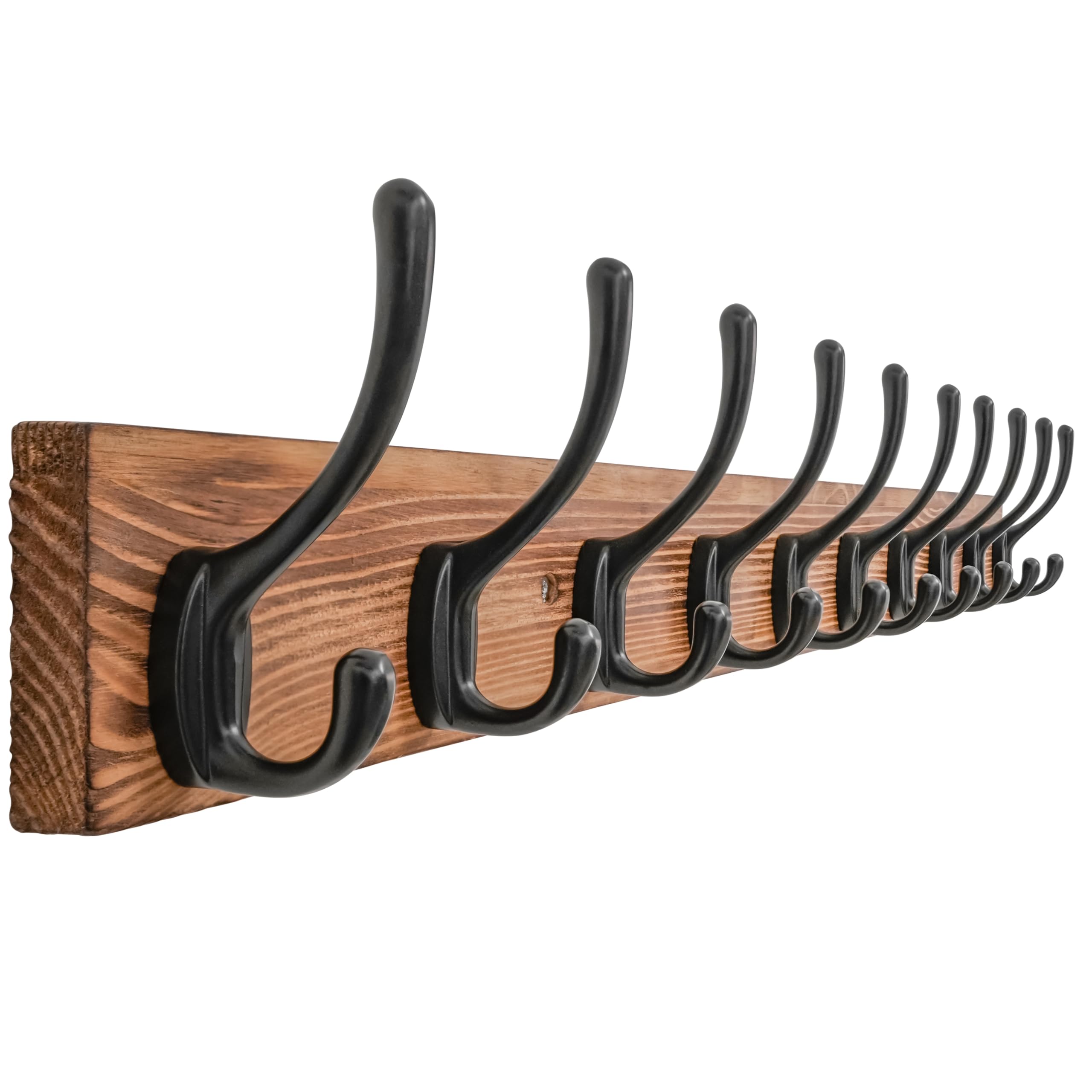 SKOLOO Rustic Farmhouse Coat Hooks Wall Mounted, 71cm Long, Solid Pine Wood with Weathered Finish, 10-Hook Distressed Wall Hanger for Porch, Mudroom, Cabin (Charred Wood & Black Hooks)​