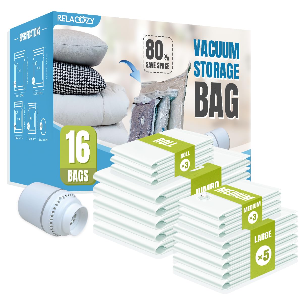 Electric Pump Vacuum Bags - Store clothes, comforters, blankets, pillows, and toys. Save space for travel, organizing cabinets, and moving. 16-pack (5 Jumbo, 5 Large, 3 Medium, 3 Roll-Up).