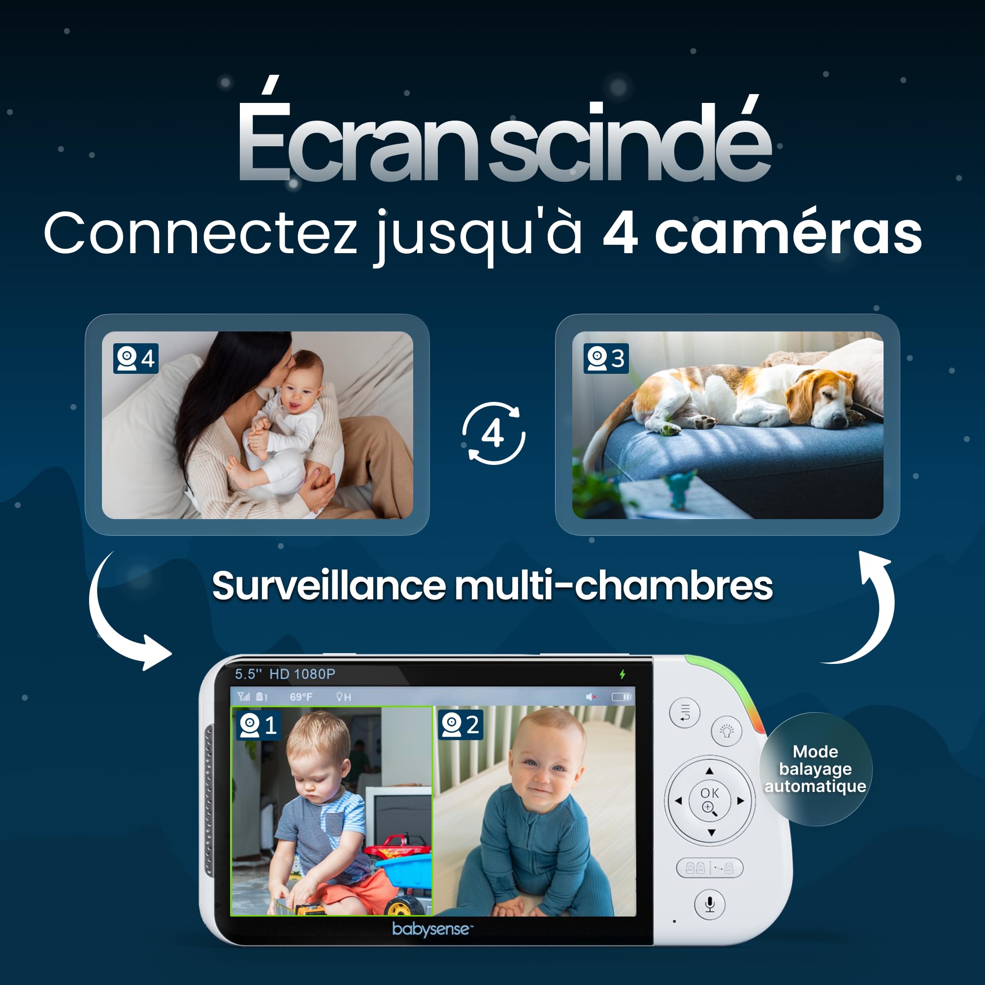 Babysense - Moniteur bébé Full HD écran partagé - Avec 2 caméras - Veilleuse en 6 couleurs - Bruit et machine à lumière - Batterie de 20 heures - Connexion sécurisée sans WiFi