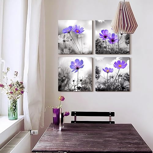 Miniatura 2 de Arte de pared para sala de estar, flores moradas en blanco y negro, impresiones en lienzo grandes, decoración de pared, obras de arte de 16 x 16