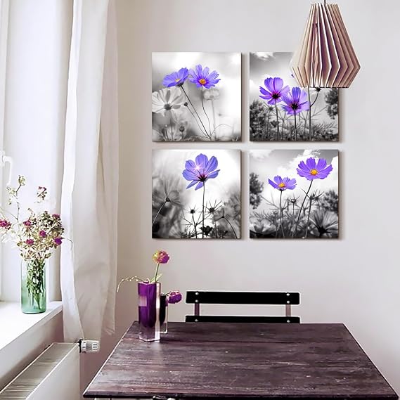 Canvas wall art for bedroom Black and white landscape purple flowers bathroom wall Decor for kitchen Artwork 12 x 12 4 Pieces Framed Canvas Prints Ready to Hang Home Decorations for living room