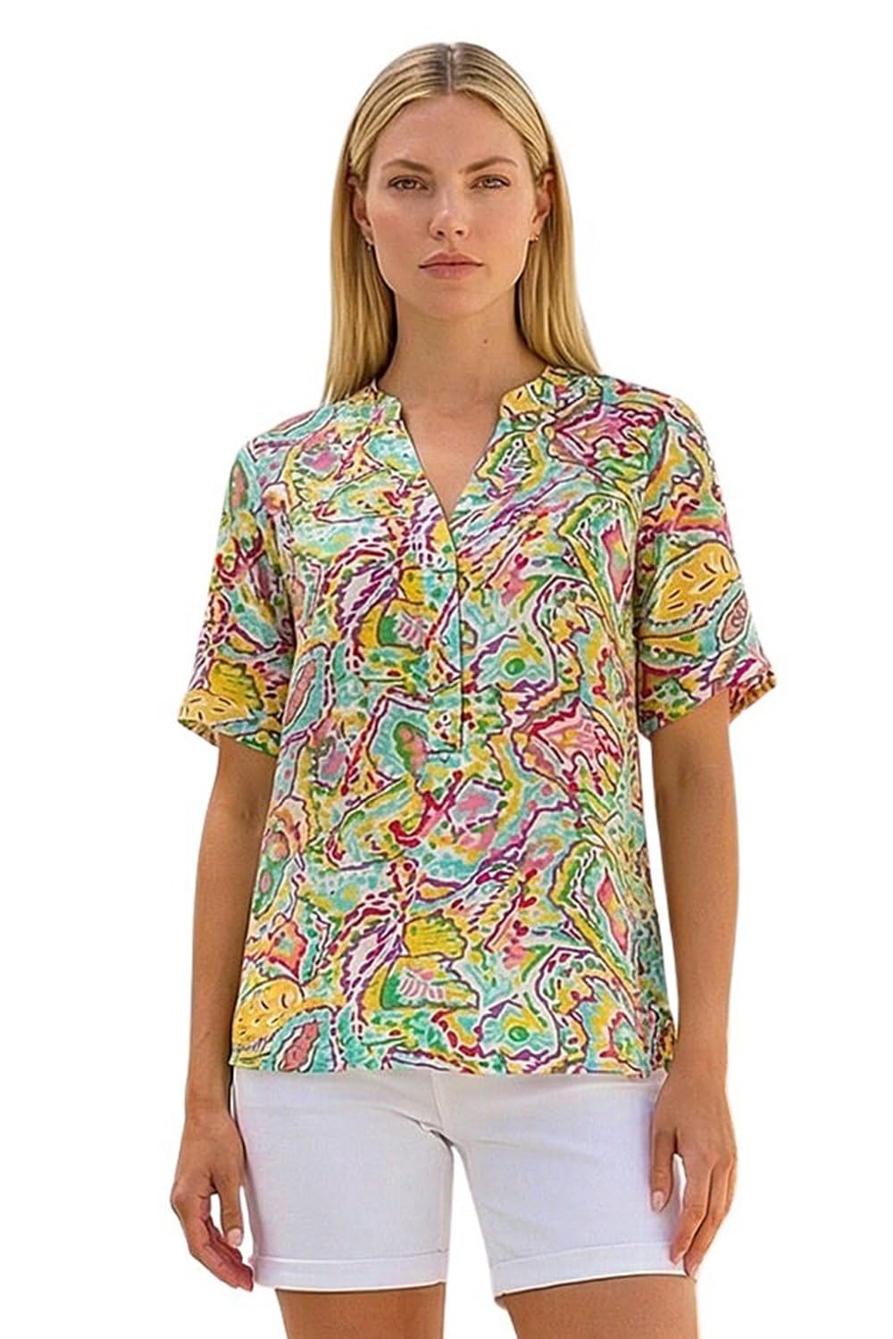 Roman Women's Blue Abstract Print Button Detail Top In Size 14