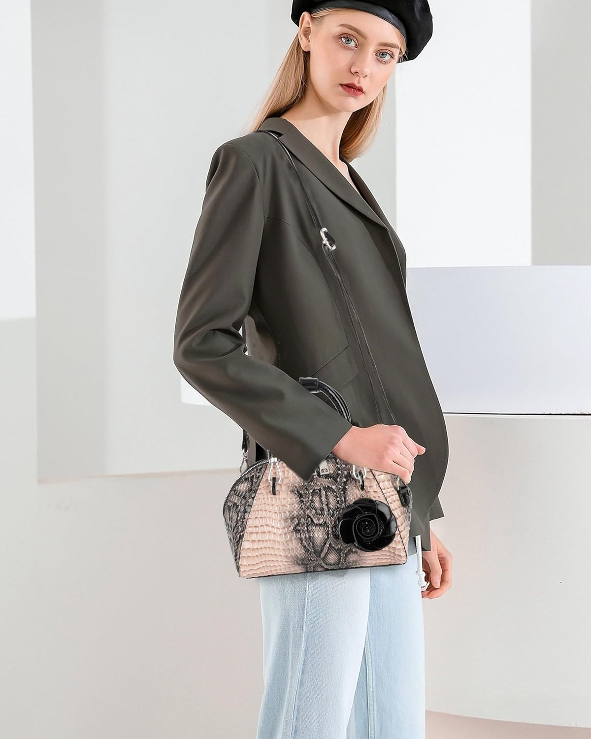Women Leather Handbag Purse Snakeskin Pattern Shoulder Handbag PU Leather Crossbody Bag Top-Handle Satchel