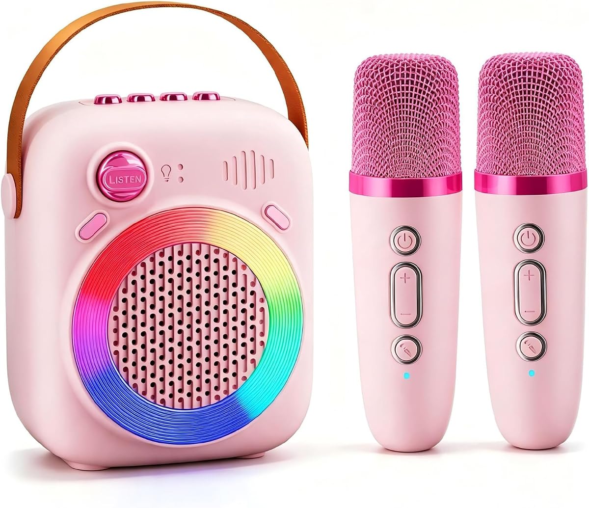 Mini Kids Karaoke Machine for Ages 3-12, 2 Wireless Mics BT Speaker, Pink | LED Party Lights, Voice Changer, Duets, BT 5.3, Rechargeable Portable, Birthday Christmas Toys & Gifts for Boys & Girls