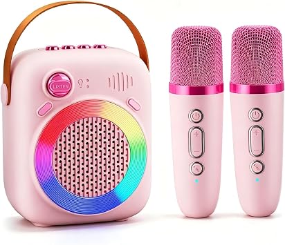 Mini Kids Karaoke Machine for Ages 3-12, 2 Wireless Mics BT Speaker, Pink