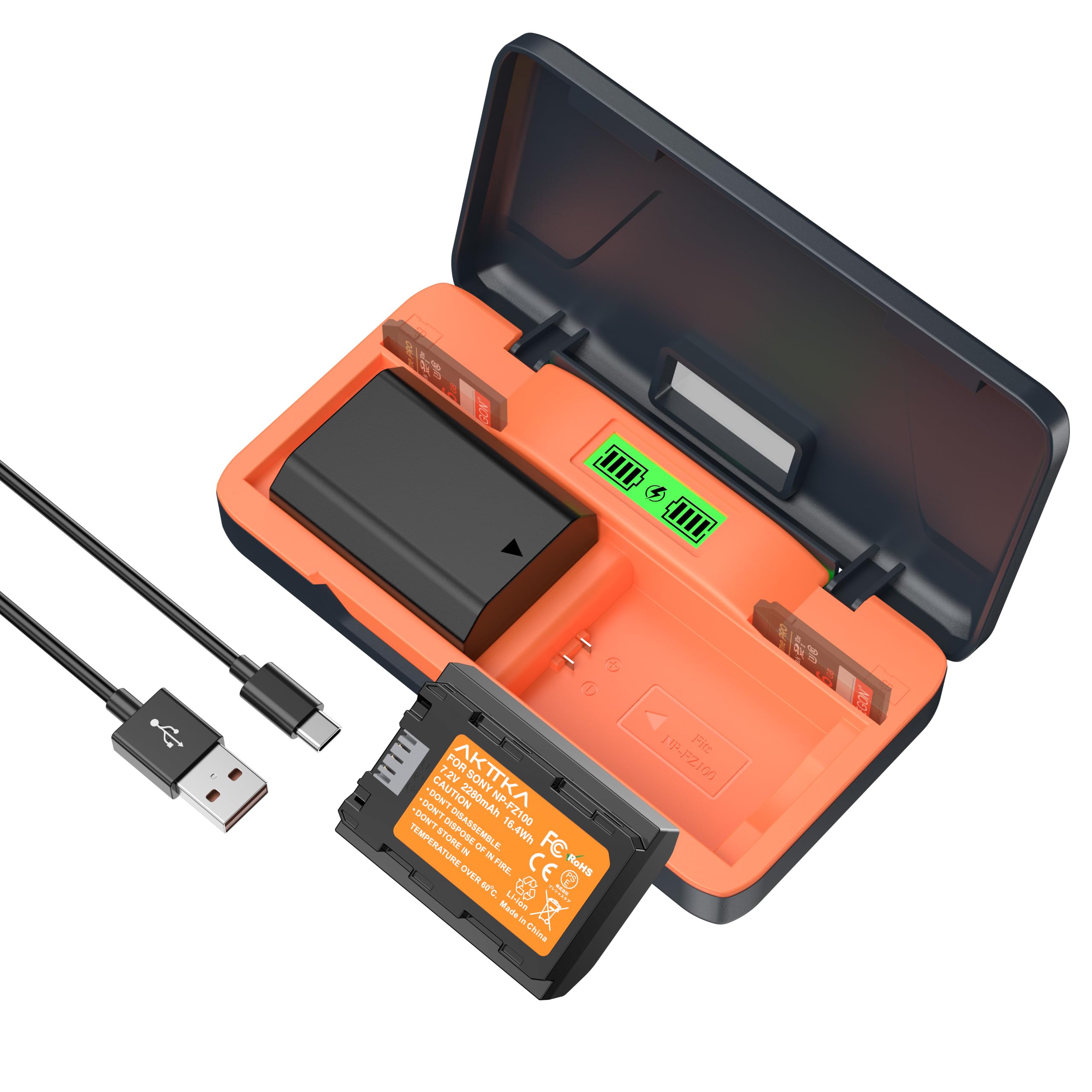 NP-FZ100 - Batería para cámara Sony (2 Unidades, 2280 mAh, 7,4 V, con Cargador Plegable de 20 W, Cable USB-C V1)
