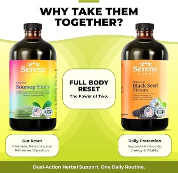 Serene Herbs Soursop Bitters Liquid & Black Seed Bundle Organic Herbal Guanabana for Digestive Support & Immune Health Vegan, Non-GMO 32 oz (16 oz Each), 32 Servings