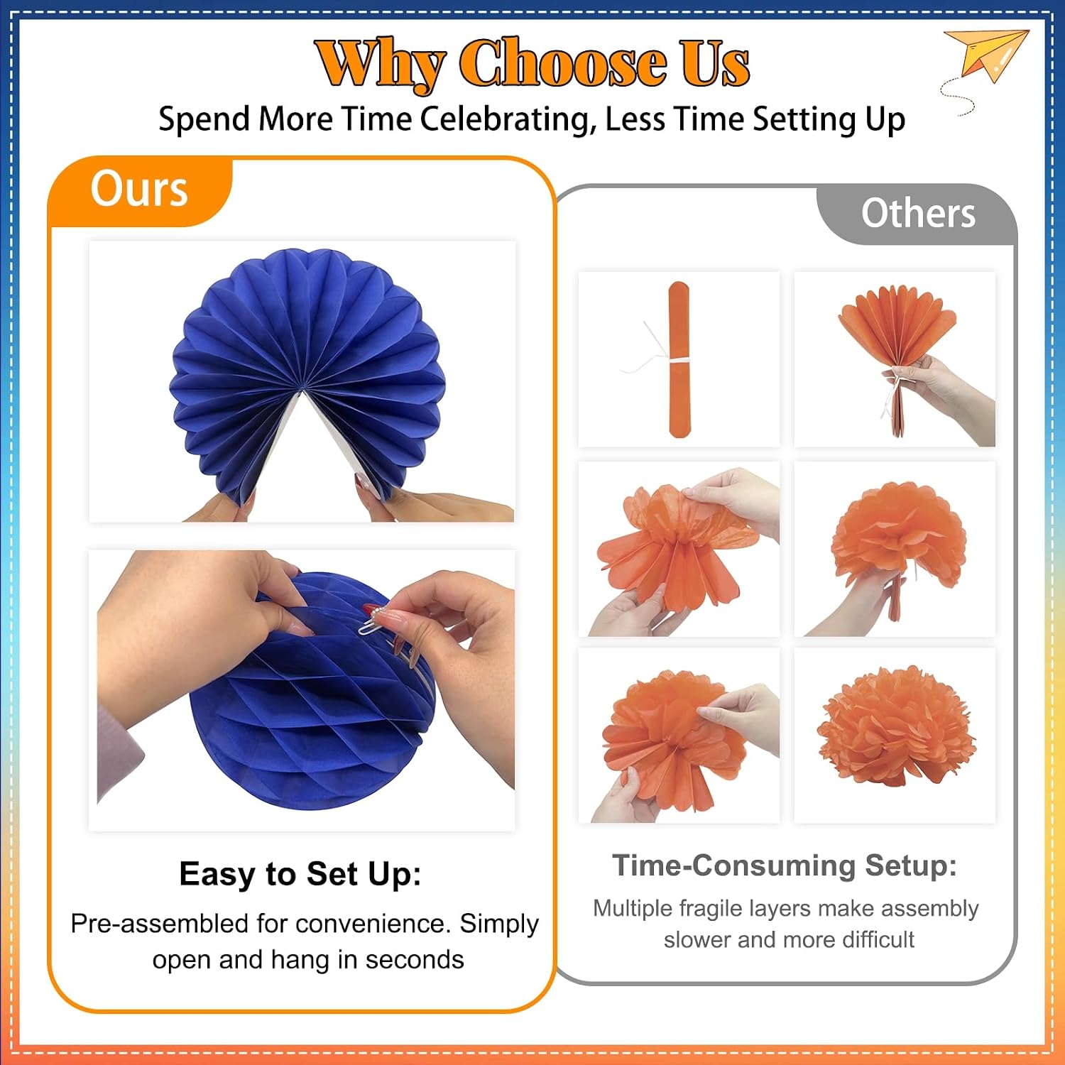 Orange and Blue Graduation Decorations 2026 - 15Pcs Navy Blue and Orange Party Decorations Kit with Class of 2026 Banner, Paper Fans, Lanterns, Honeycomb Balls & Glitter Stars