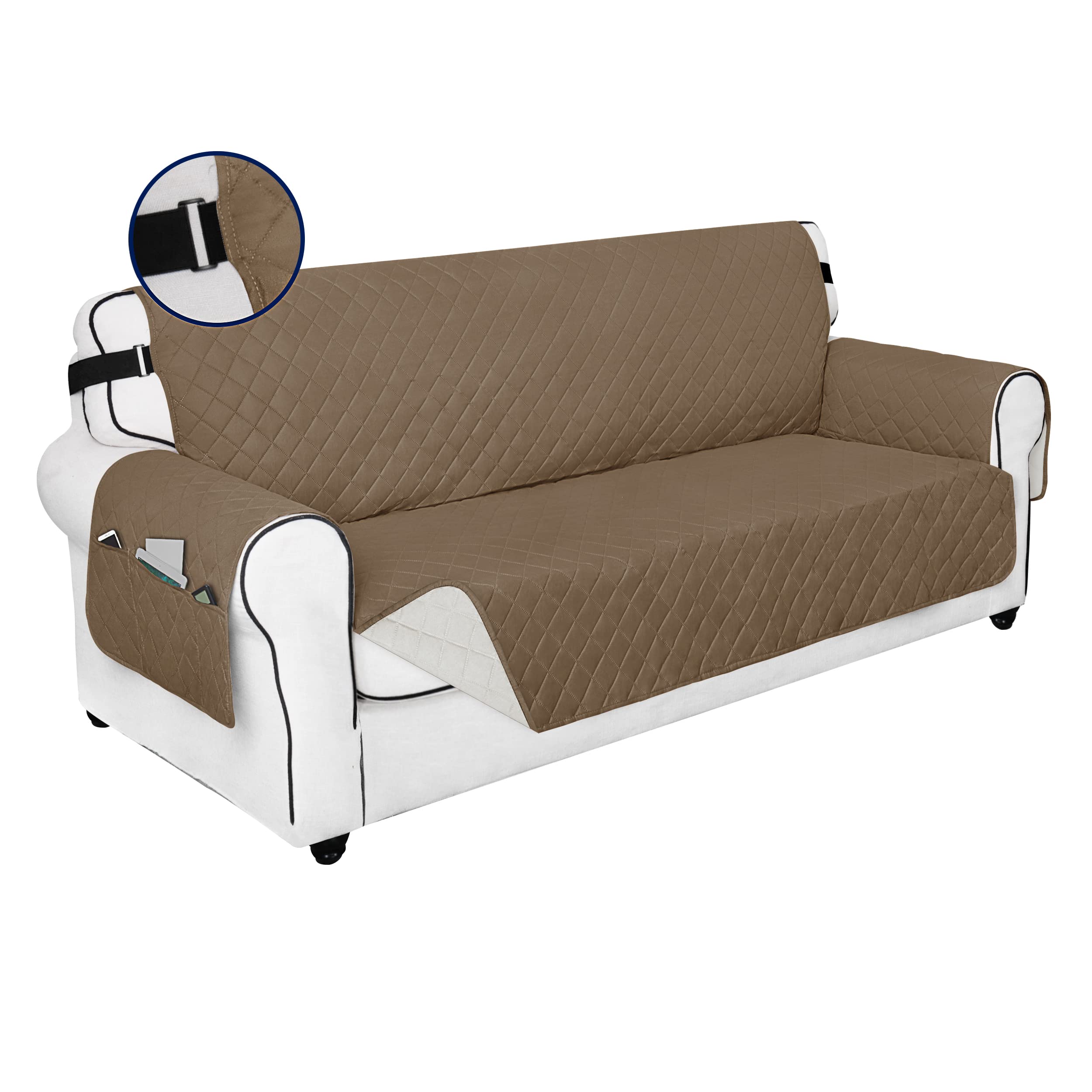 PureFit Reversible Sofa Couch Cover Water Resistant Couch Covers for 3 Cushion, Washable Furniture Cover with Non-Slip Foam and Adjustable Strap for