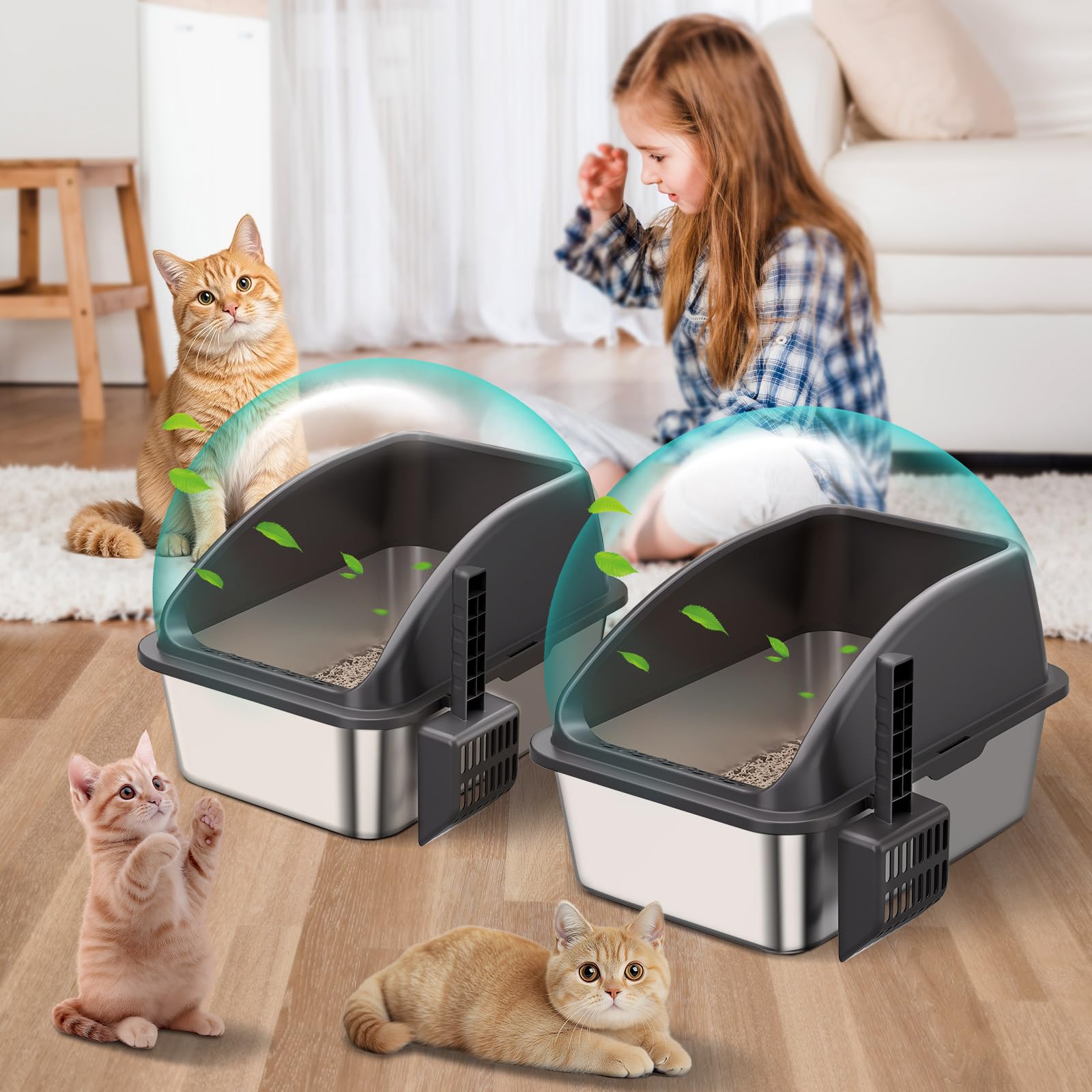 2PACK Stainless Steel Cat Litter Box,Large Litter Box with High Sides for Small Multiple Cats,Kittens,Metal Kitty Litter Boxes with Anti-Leak Lid,Non-Stick,Odorless,Easy to Clean,Scoop Included - image 7
