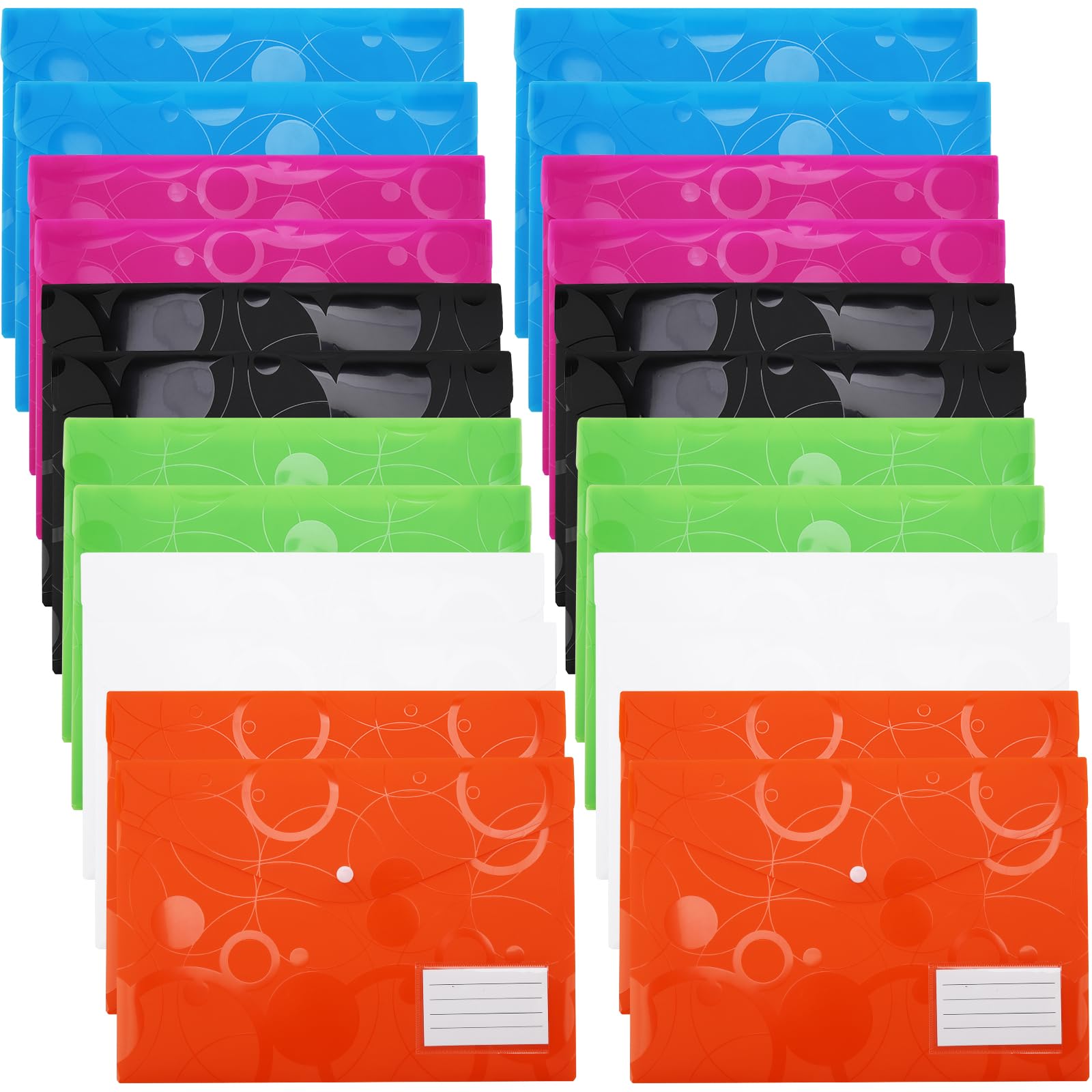 Plastic Wallets A4, File Folders with Popper, Waterproof, Plastic Document Wallets with Label Pocket, for Office, School, Home (24 PCS)