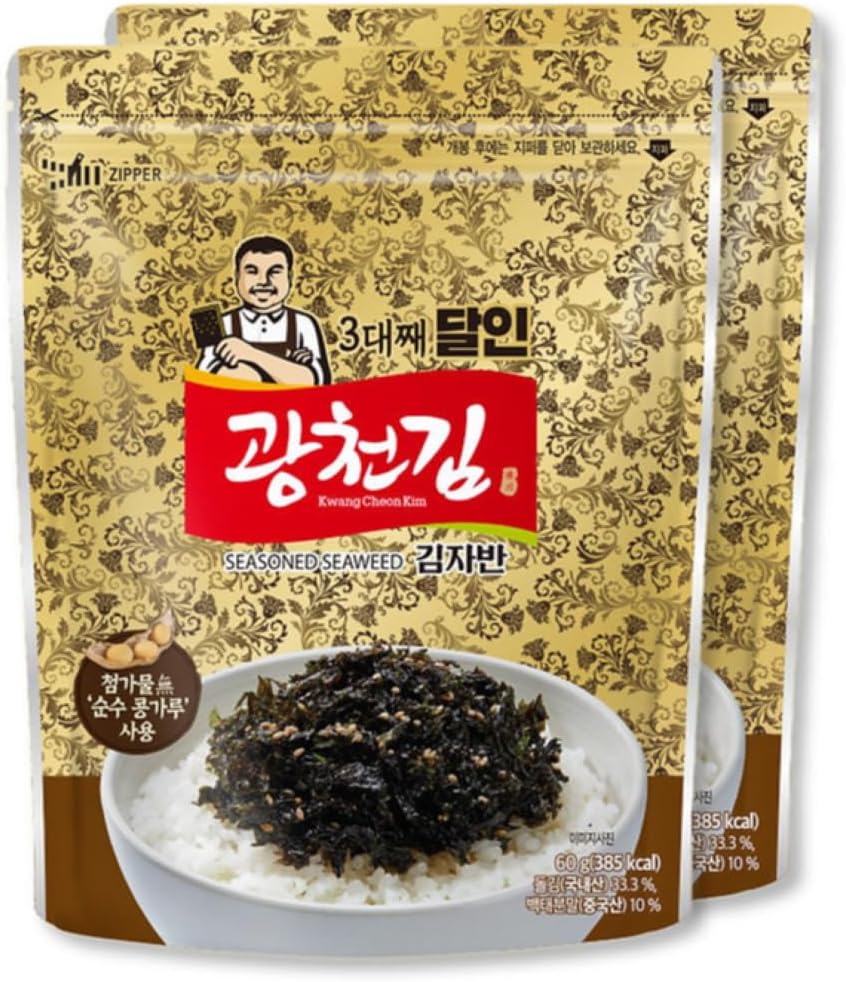 Kwangcheonkim Seasoned Seaweed Flakes Snacks – 2 Packs x 60 Gram, Premium Natural Roasted Laver, Sushi Nori Resealable Bag