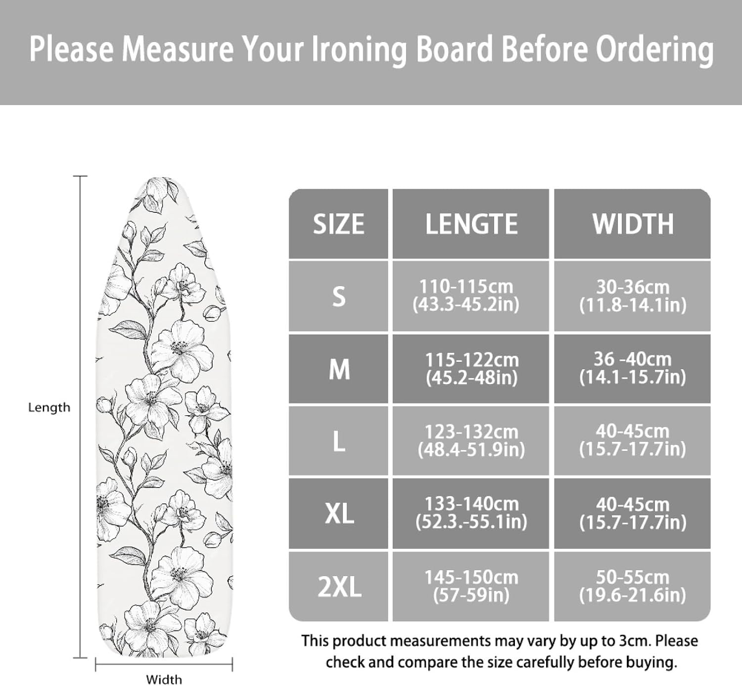 Padded Ironing Board Covers 18 X 49 Flower Leaves Ironing Board Pad and Cover Thick Replacement Drawstring Tightening & Lock, Easy Fit, Scorch & Stain Resistant, Non Slip