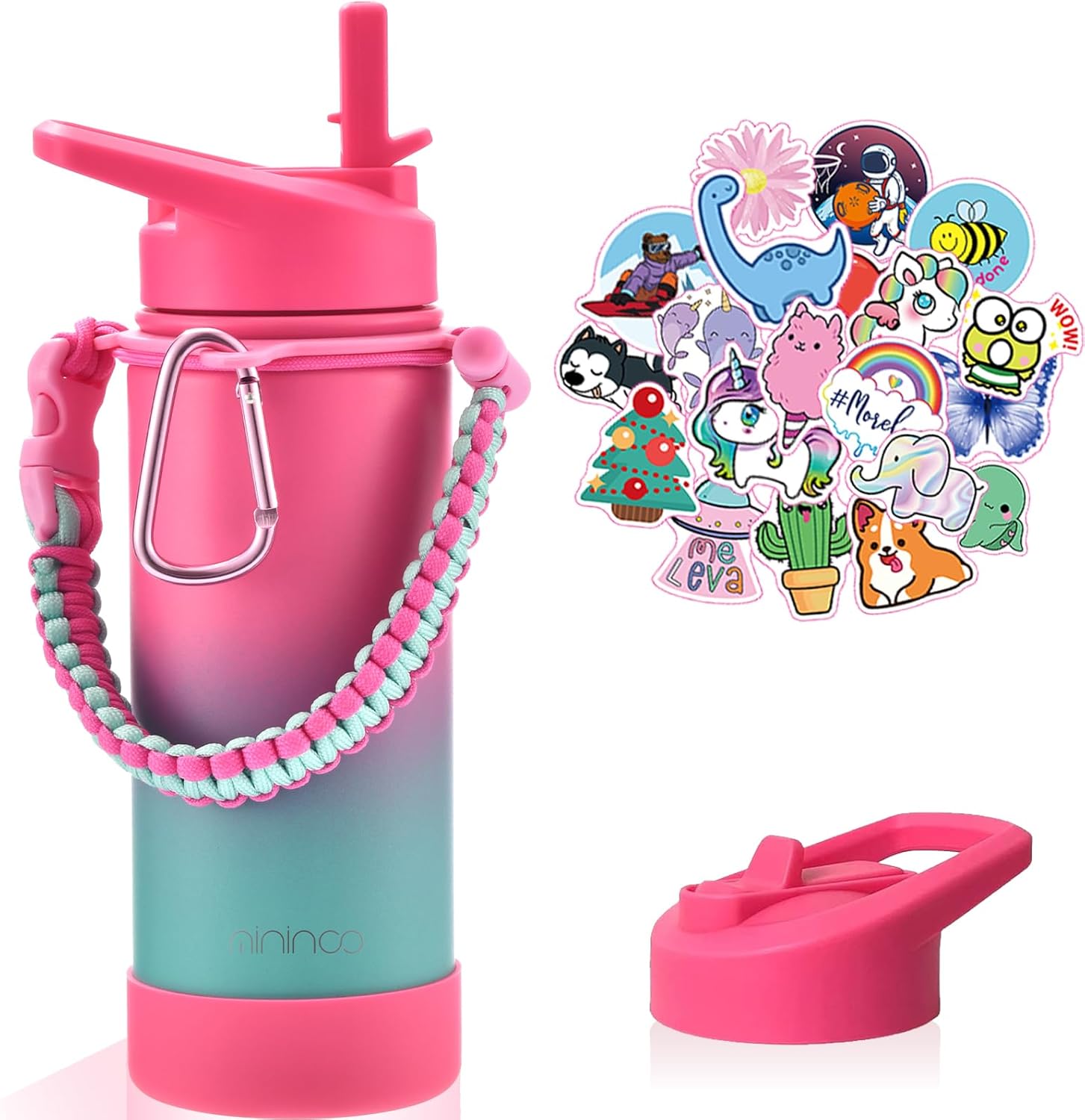 Mininoo Kids Water Bottle for School, 16oz Metal Stainless Steel Water Bottle Kids with Straw Lid（Punch/Green）