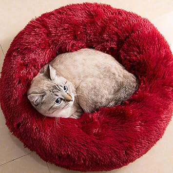 Cat Beds for Indoor Cats - Cat Bed Washable 20/24 inches, Dog Beds for Small Medium Dogs, Anti Anxiety Round Fluffy Plush Faux Fur Cat Bed, Thick Bottom Red, Medium