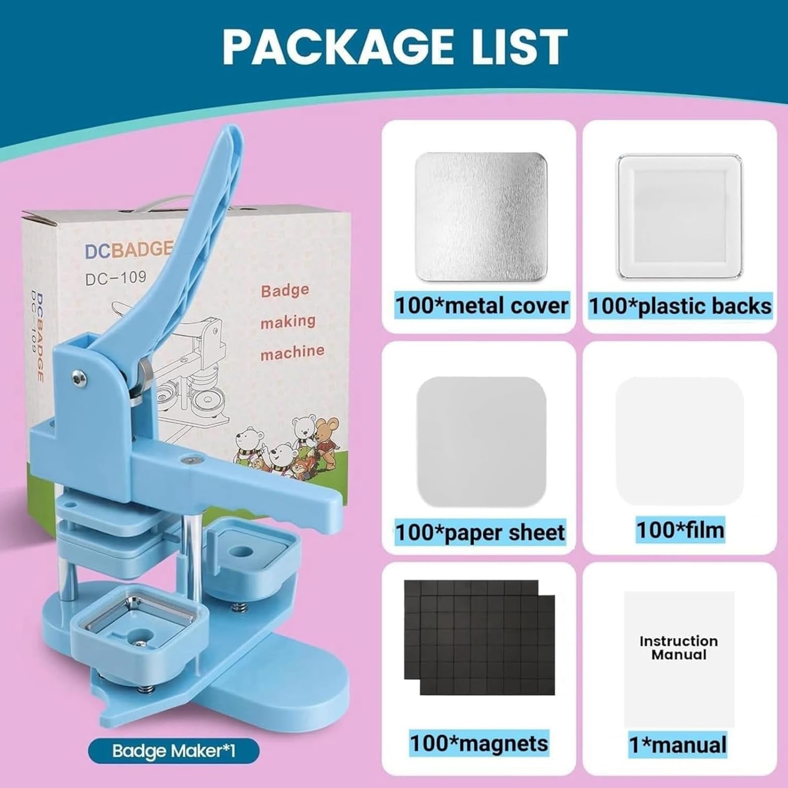 Kit de máquina para hacer insignias, imán cuadrado de 50 mm para nevera con 100 materiales magnéticos para regalos personalizados, manualidades, escuela y uso doméstico