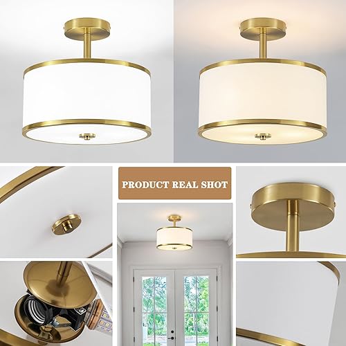 Vista 22 de BUXVRCS Semi Flush Mount Ceiling Light Fixture, 3-Light Drum Lighting Fixtures, Hallway Light Fixture Ceiling Mount with Fabric Shade, Close to