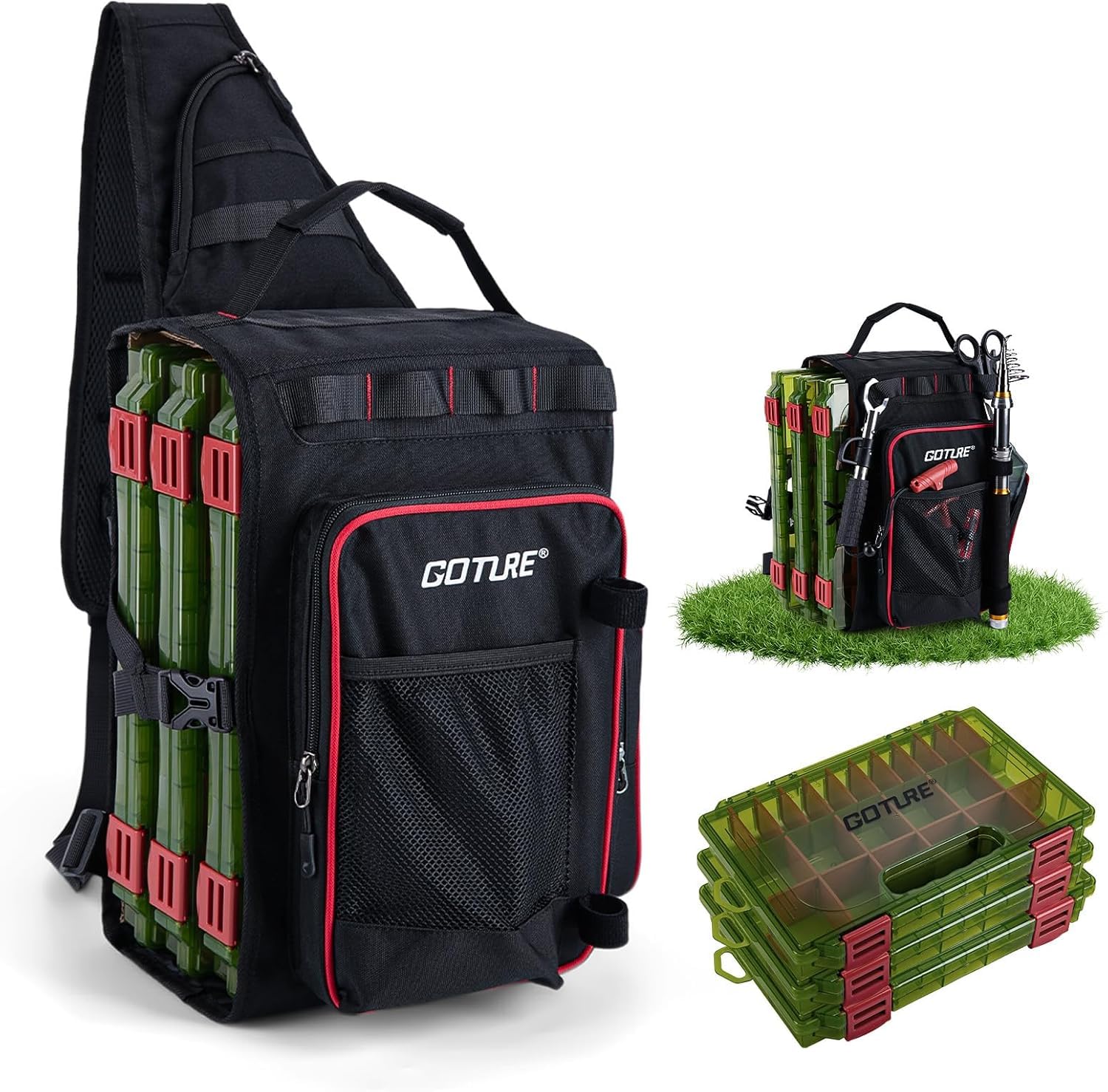 Goture Angelrucksack mit 4 Köderbox Angeln, 45-Liter Angelzu