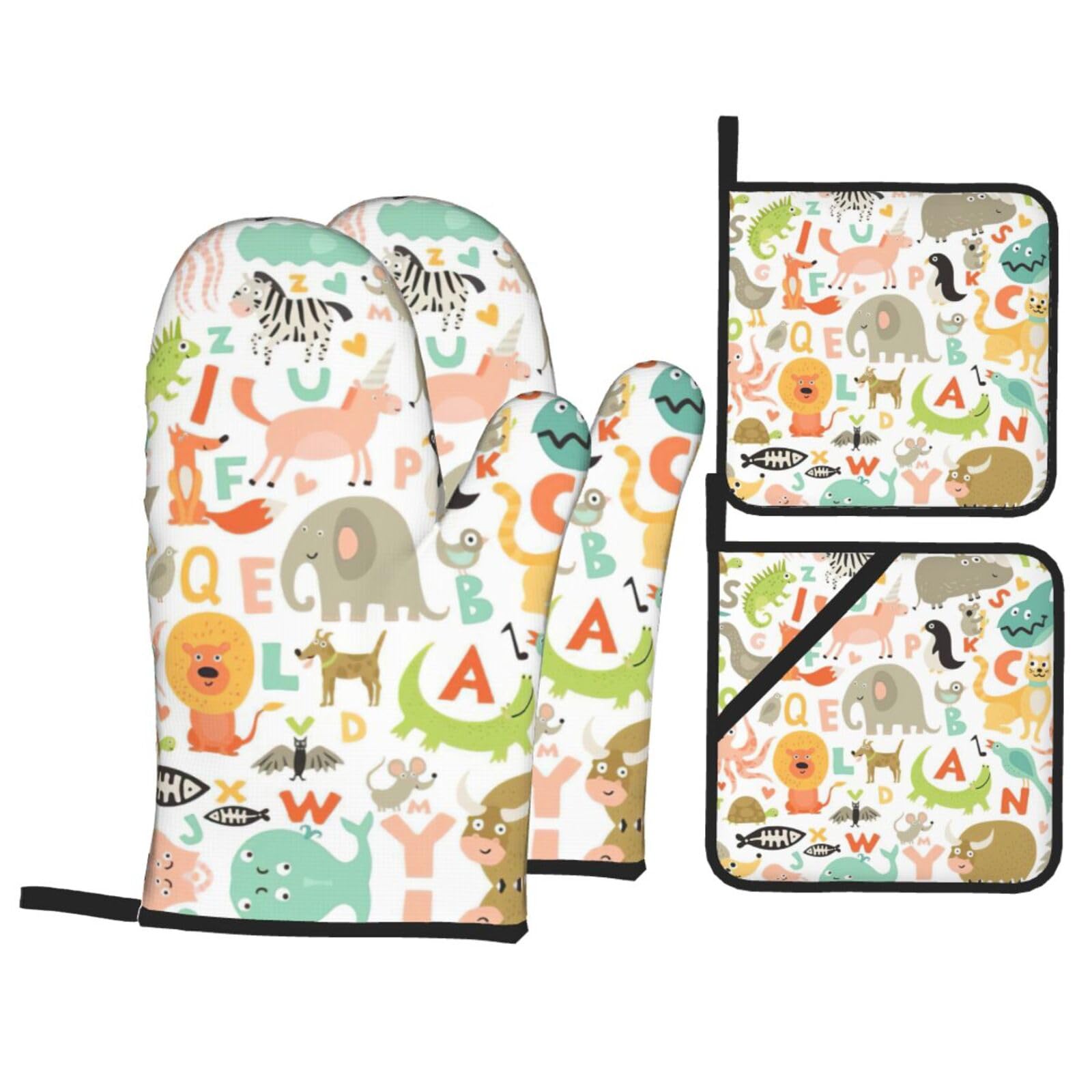 Zoo Alphabet Animal Print Stylish 4-Piece Microwaving Oven Waterproof Kitchen Gloves Baking Holiday Cooking