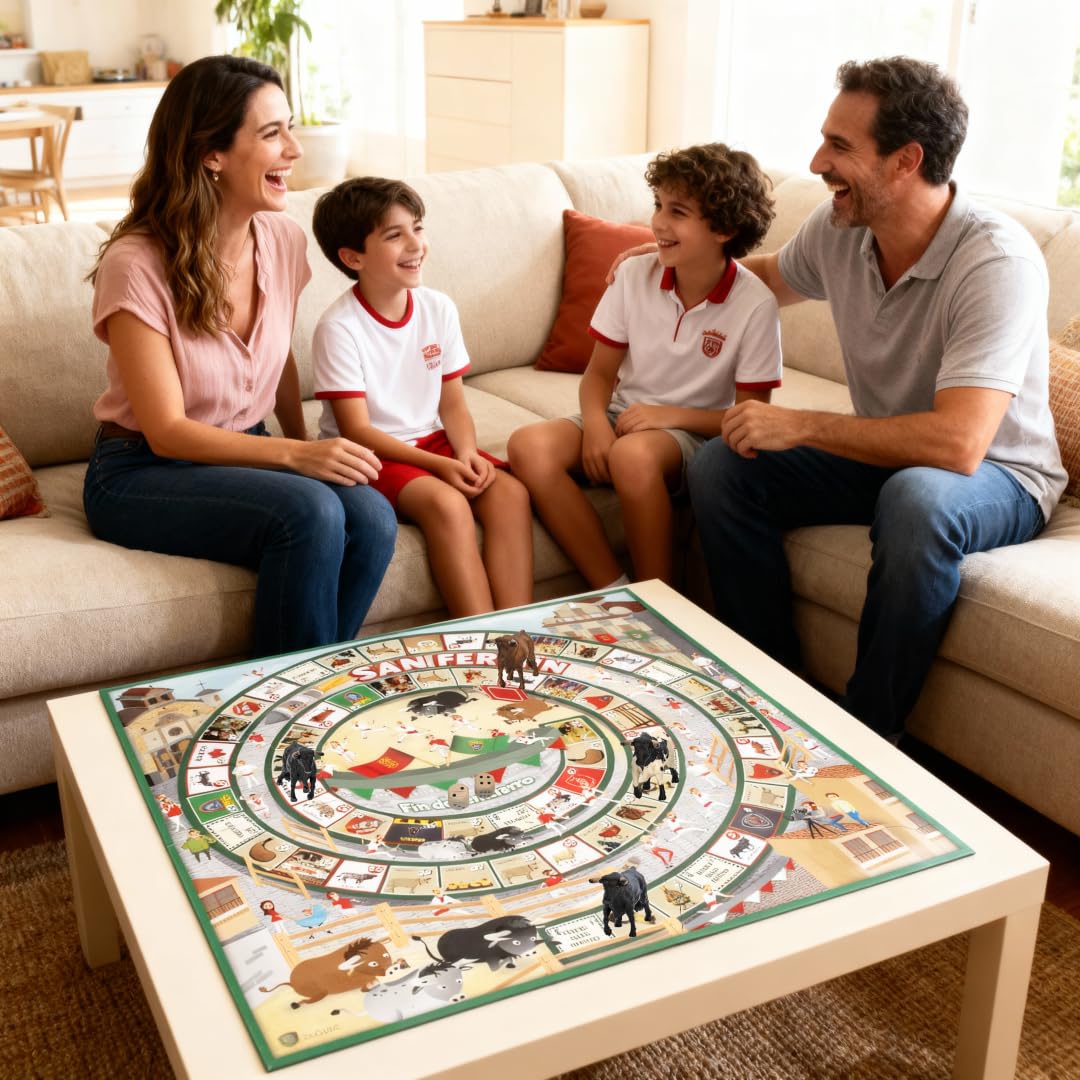 DeQube 924D00180 Jeu de l'oie de San Fermin – Comprend 4 Mini taureaux de Collecte et dés en Bois – Dimensions Plateau 50 x 50 cm