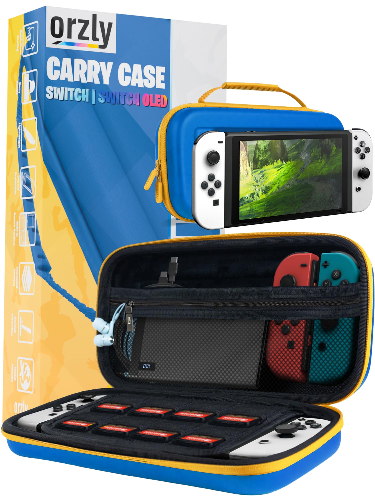 Orzly Custodia per console Nintendo Switch Oled bianca con accessori e vano portaoggetti per giochi, facile da pulire, edizione in confezione regalo