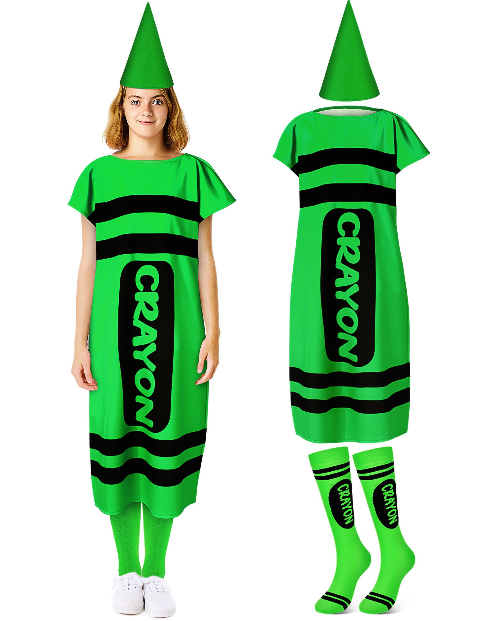 Mepase 4 Pcs Halloween Crayon Costume for Adults, Halloween Crayon Fancy Dress Cone Dwarf Cap Stockings for Cosplay(Green,Medium)