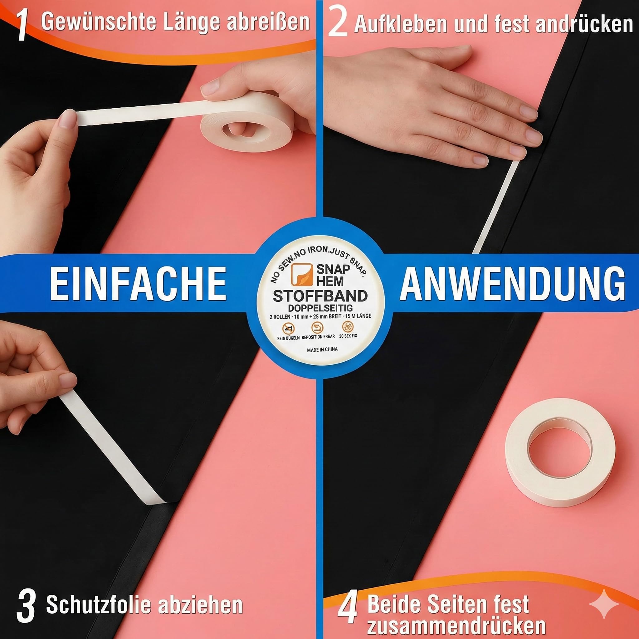 No Sew No Iron Hem Tape – Quick Fix Fabric Tape for Clothing & Curtains – Instant Wardrobe Repair , Easy to Use, Travel Essential