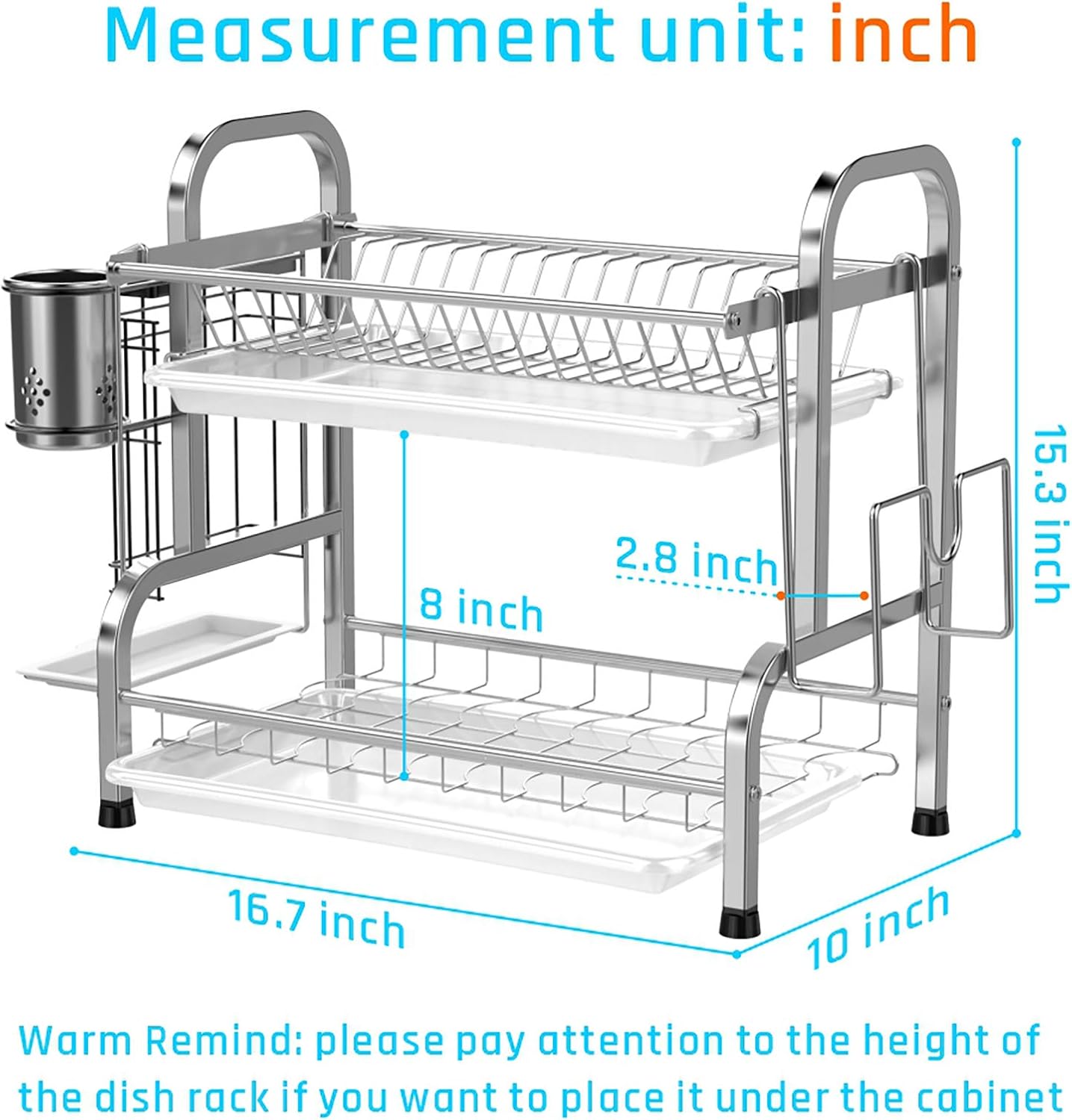 F-color Dish Drying Rack, 2 Tier Dish Rack for Kitchen Counter, 304 Stainless Steel Dish Drainer with Drain Board, Utensil Holder, Cutting Board Holder, Silver