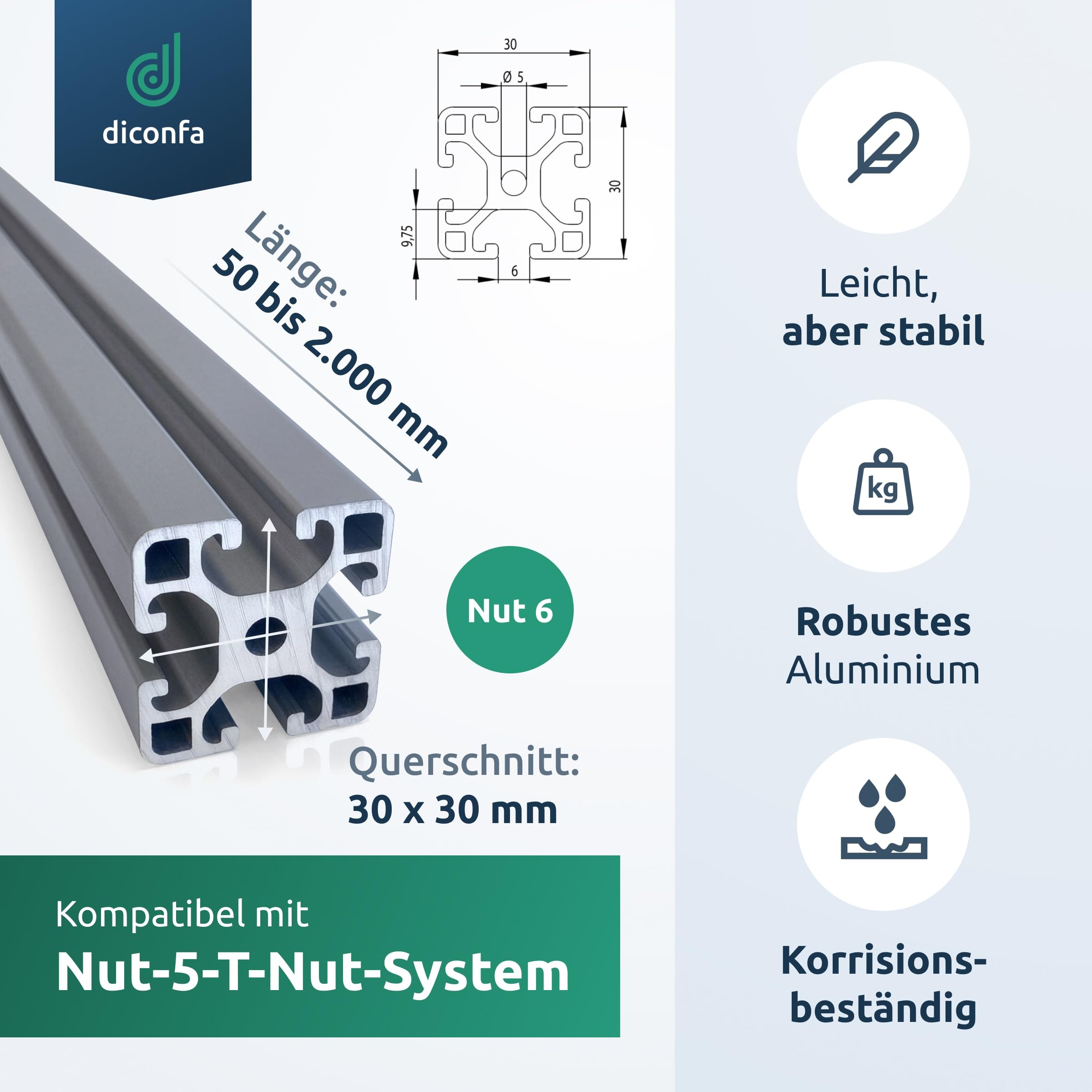 diconfa Aluprofil 30x30mm Nut 6 - WÄHLEN Größe & Menge - 15 Stück, 340mm lang T-Nut Schiene - Aluminiumprofil Alu Profil kompatibel mit allen Aluminium System- / ITEMprofilen für INNEN AUßEN