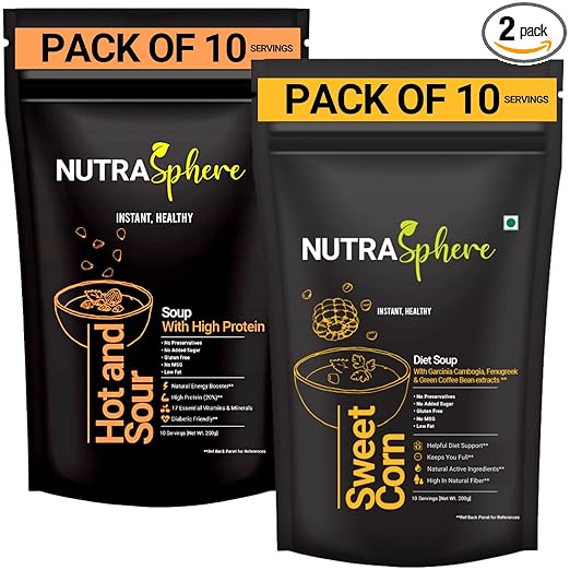 Diet Sweet Corn, Hot n Sour High Protein Soup Packets Combo/Weight Management, Natural, Healthy, Instant, Preservative Free, Sugarfree, Gluten Free, No MSG - 10 Sachet Each