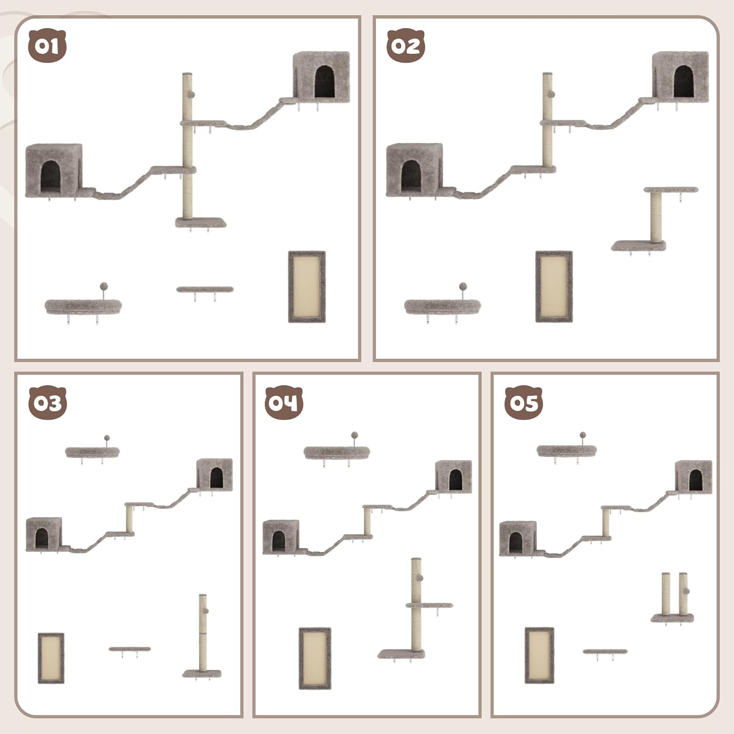 Five different layout diagrams showing various ways to combine the cat wall furniture components.