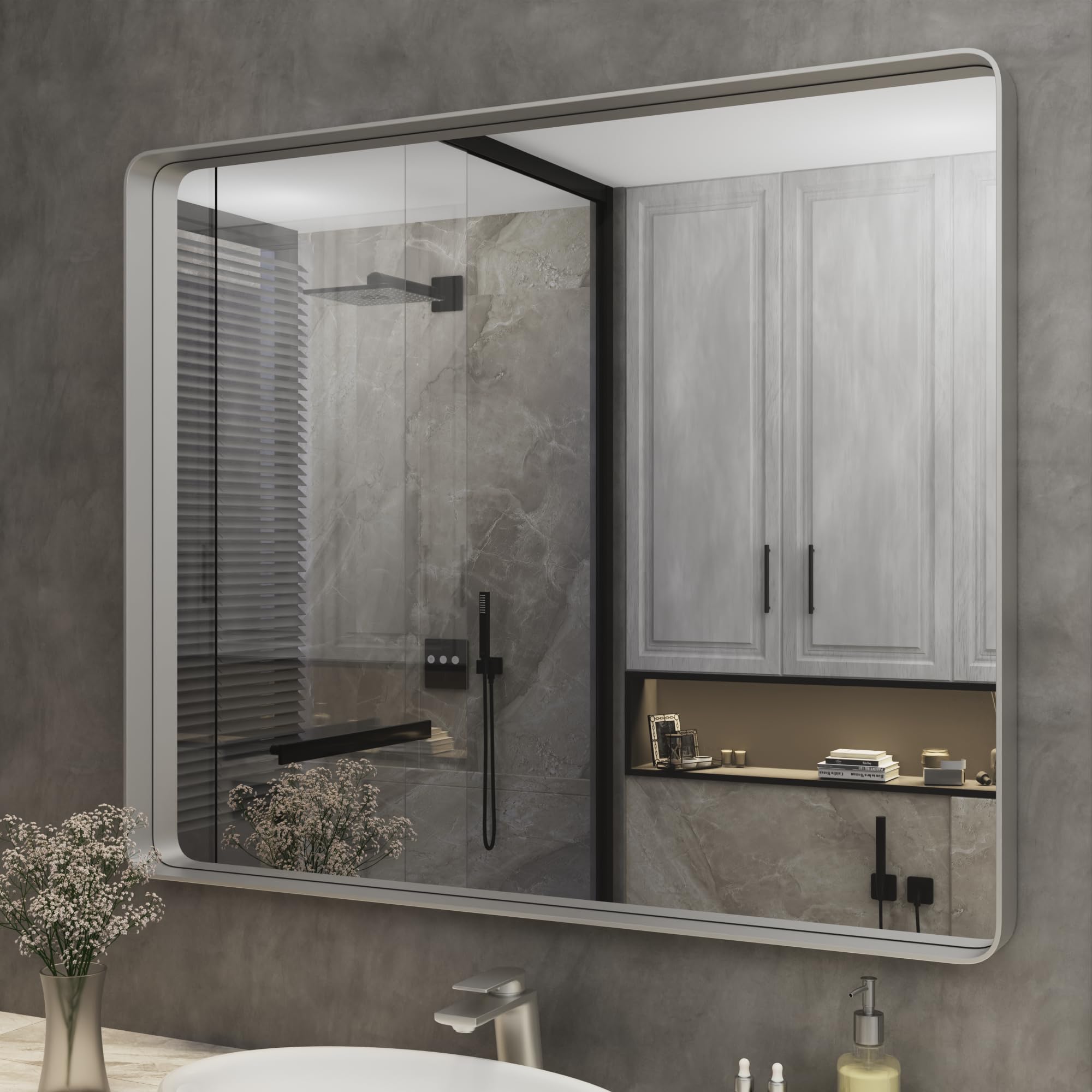 Photo 1 of ISKM Silver Metal Framed Bathroom Mirror, 40 x 32 Inch Vanity Mirror for Wall Round Corner Rectangle Modern Mirror Wall Mounted Hangs Horizontal or Vertical Silver 40x32