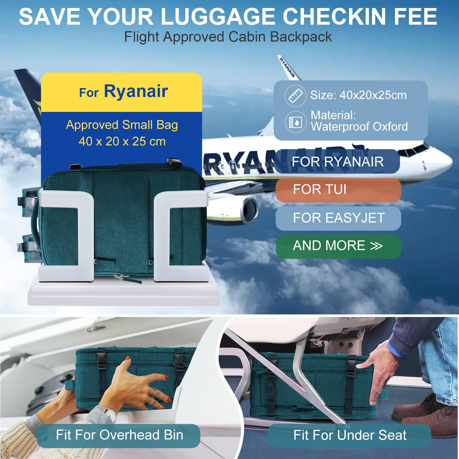 SZLX Zaino Ryanair 40x20x25 Donna Zaino da Viaggio Bagaglio a Mano 20L Uomo Borse da cabina 45x36x20 Easyjet Travel Backpack Adatto a laptop da 14 Pollici con scomparto per scarpe per Lavoro e Scuola