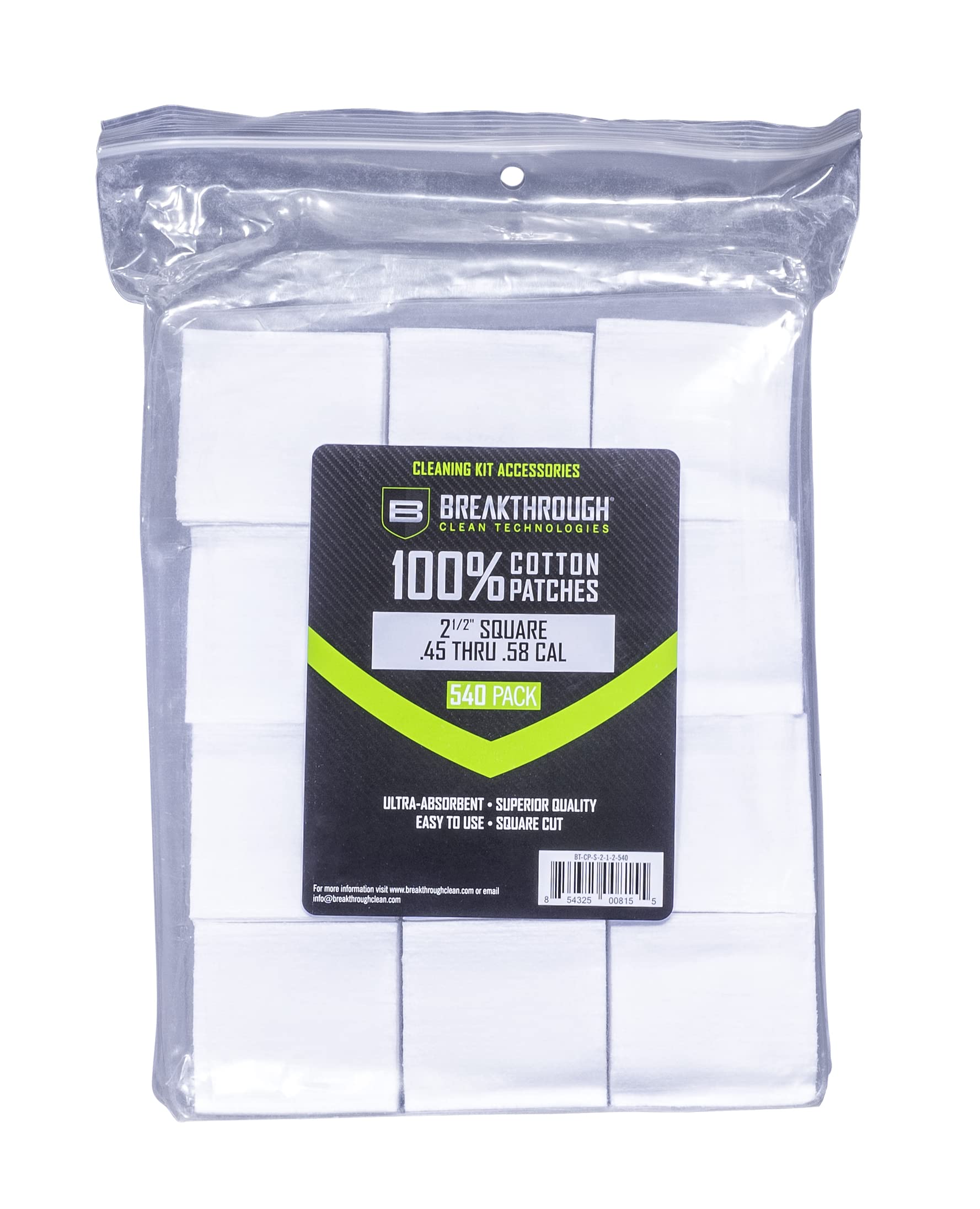 Breakthrough Clean Technologies Cotton Patches, 2.5" Square, .45 Thru .58 Caliber, 540-Pack