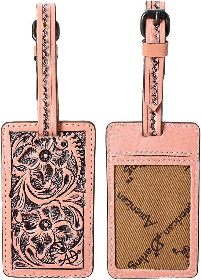 American Darling Western Leather Hand-Tooled Card Holder – Genuine Leather Travel ID Tag with Strap