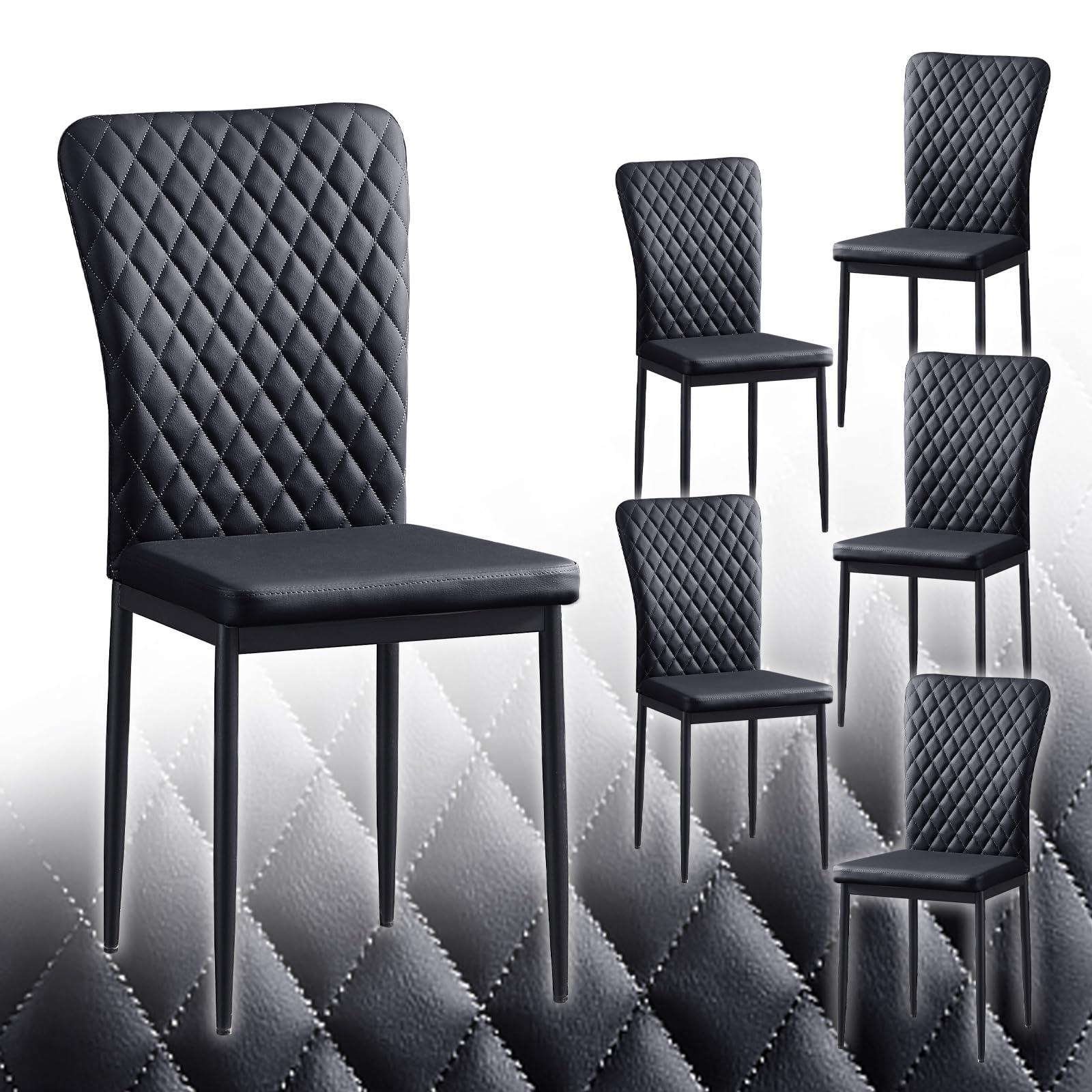 JaHECOME Set of 6 Faux Leather Dining Chairs High Back Padded Kitchen Chairs with Metal Legs for Kitchen Living Room Lounge Office,6 PU Black Chairs