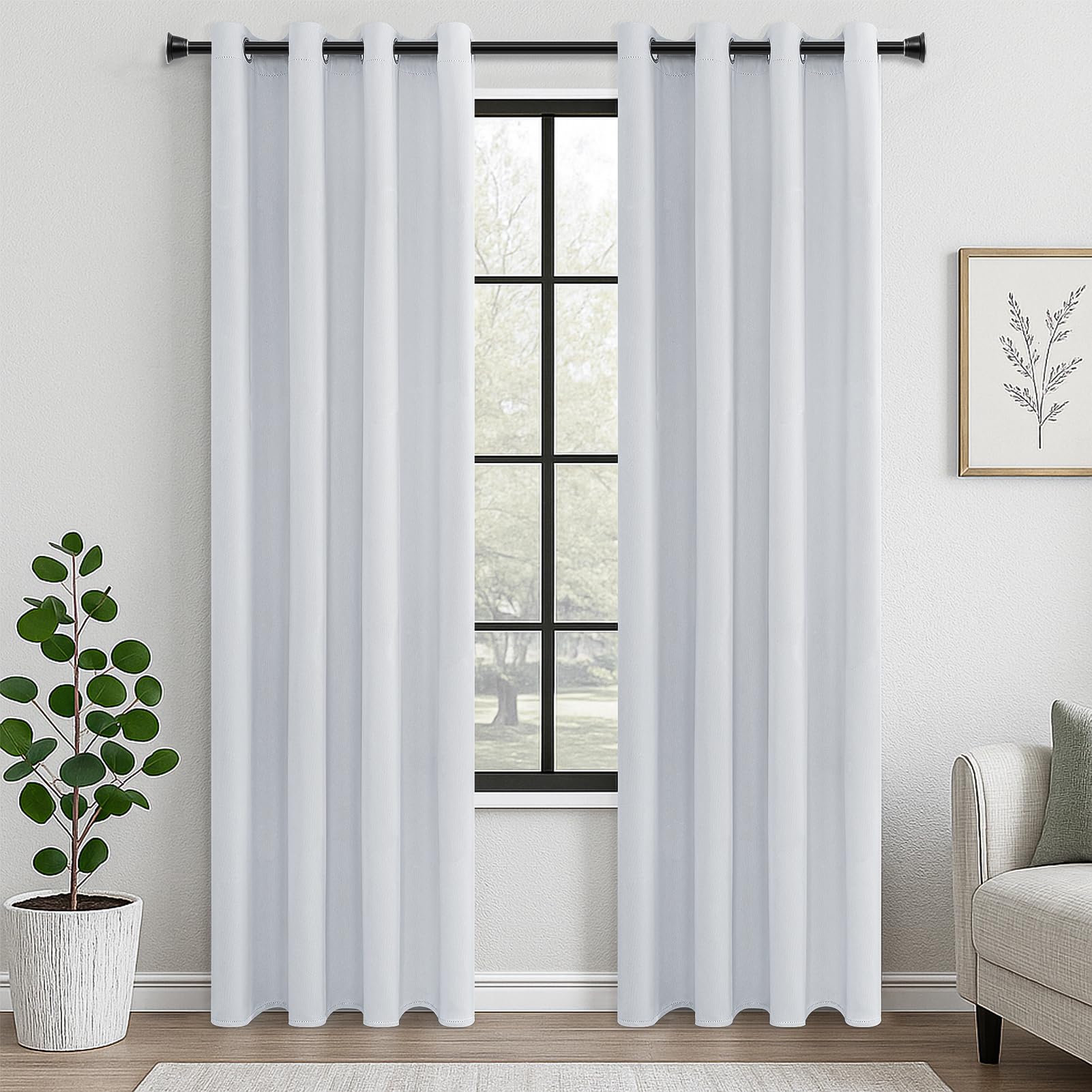 MRTREES Opaque White/Grey Curtain with Eyelets, Set of 2, 220 cm Long, 140 cm Wide, Opaque Curtains, Thermal Curtains Against Cold Curtains, Living Room, Bedroom, Blackout Curtain — image 1