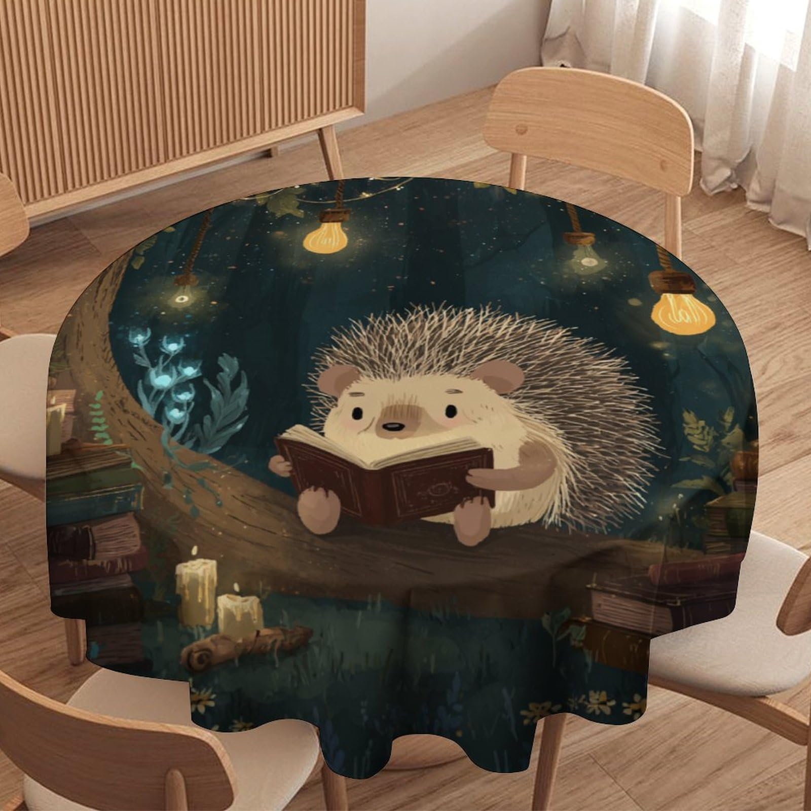 LUYYSKY Beautiful Cartoon Hedgehogs Round Tablecloth Funny Anime Plants Trees Animals Hedgehogs Books Print Washable Decor for Table Cover for Kitchen-177.8" Wx177.8 L cm