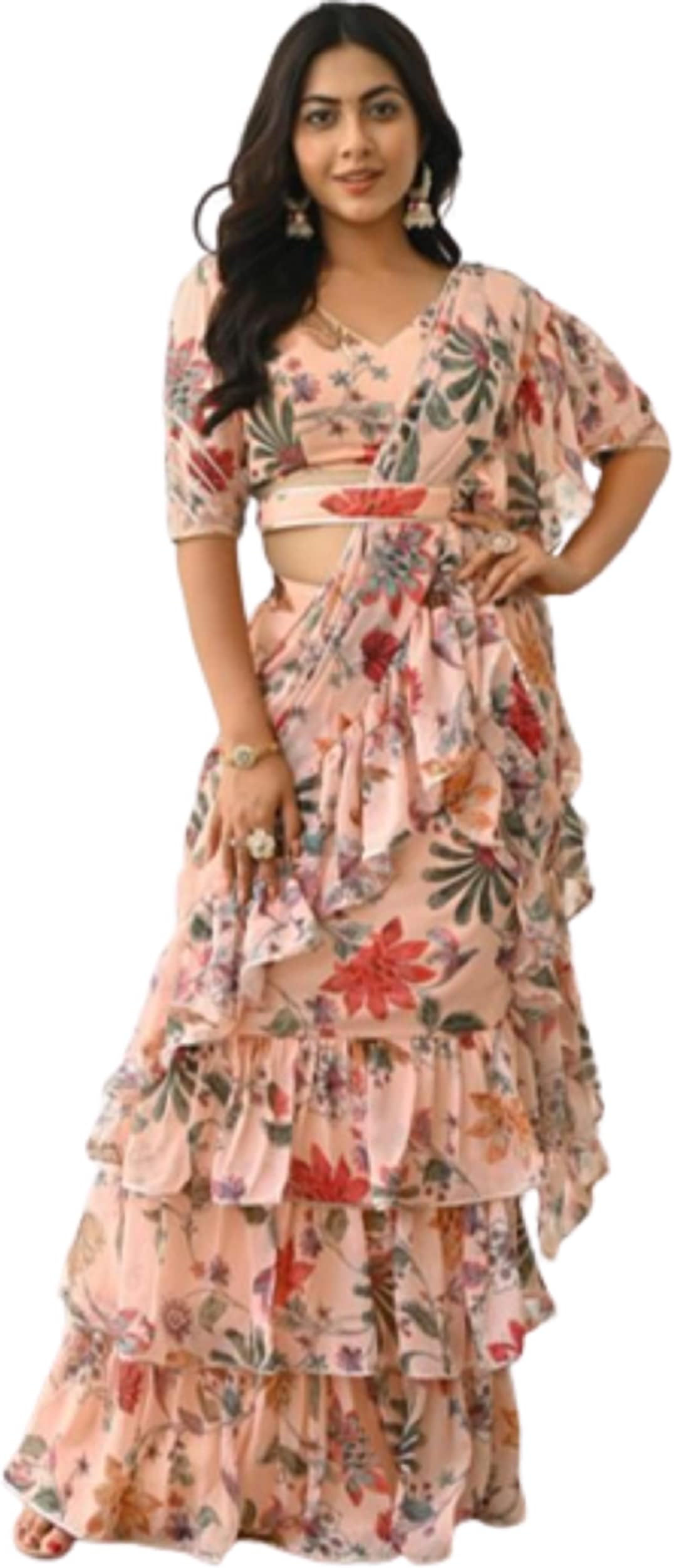 infabzon Lehenga Saree For Women Bollywood Style Faux Georgatt With Digital Print & Three Layer Ruffle Work