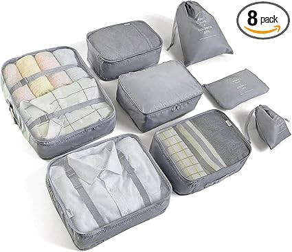 8 Set Packing Cubes for Suitcases Travel Luggage Packing Organizers,Travel Essentials Accessories Luggage Organizer with Shoe Bag Tioletry/Laundry Bag(Grey)