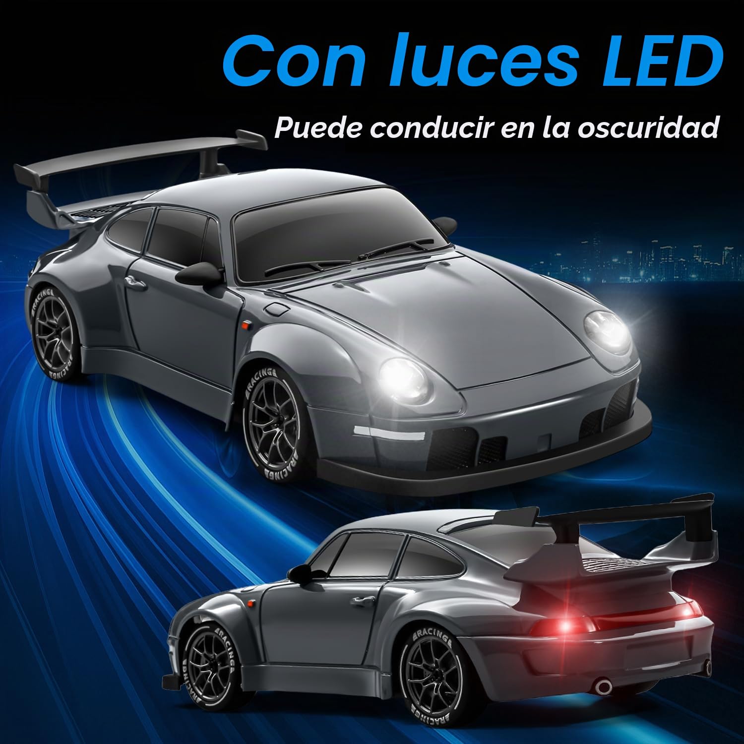 Coche Teledirigido Drift, 1:24 25KM/H 4WD RC Drift Coche, con Luces LED, Drift RC Car para Niñas Adultos, Gris
