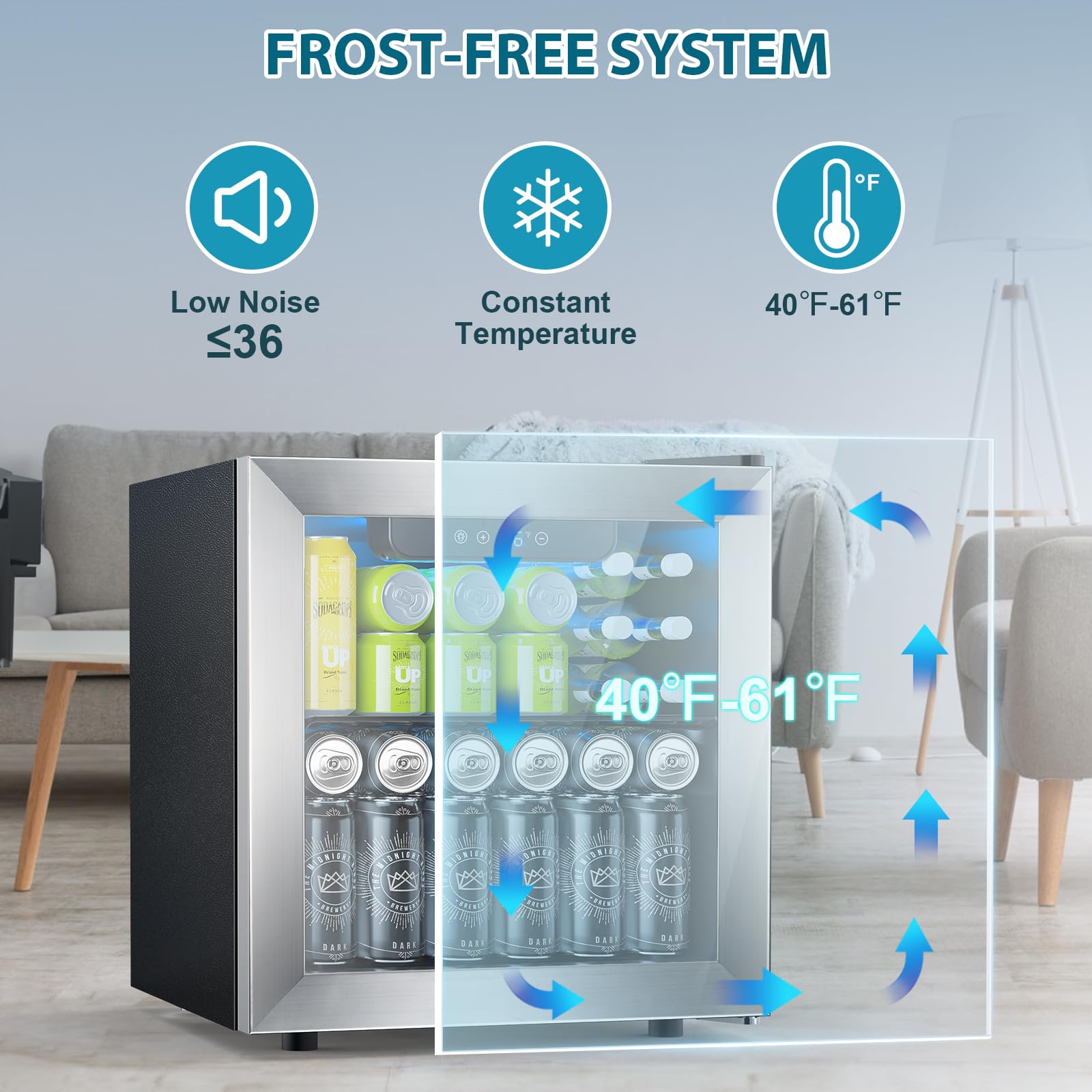 Electactic 48 Can Beverage Refrigerator,12 Bottle Wine Cooler With Stainless Steel Glass Door, Digital Temperature Display, Countertop Mini Fridge For Soda, Wine Or Beer, Silver on Fridge.com - View 6