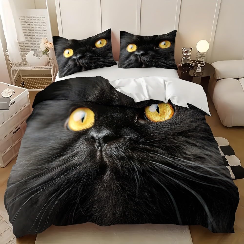 Housse de Couette Chat Persan 90x190 Parure de Lit Noir 3 Pcs