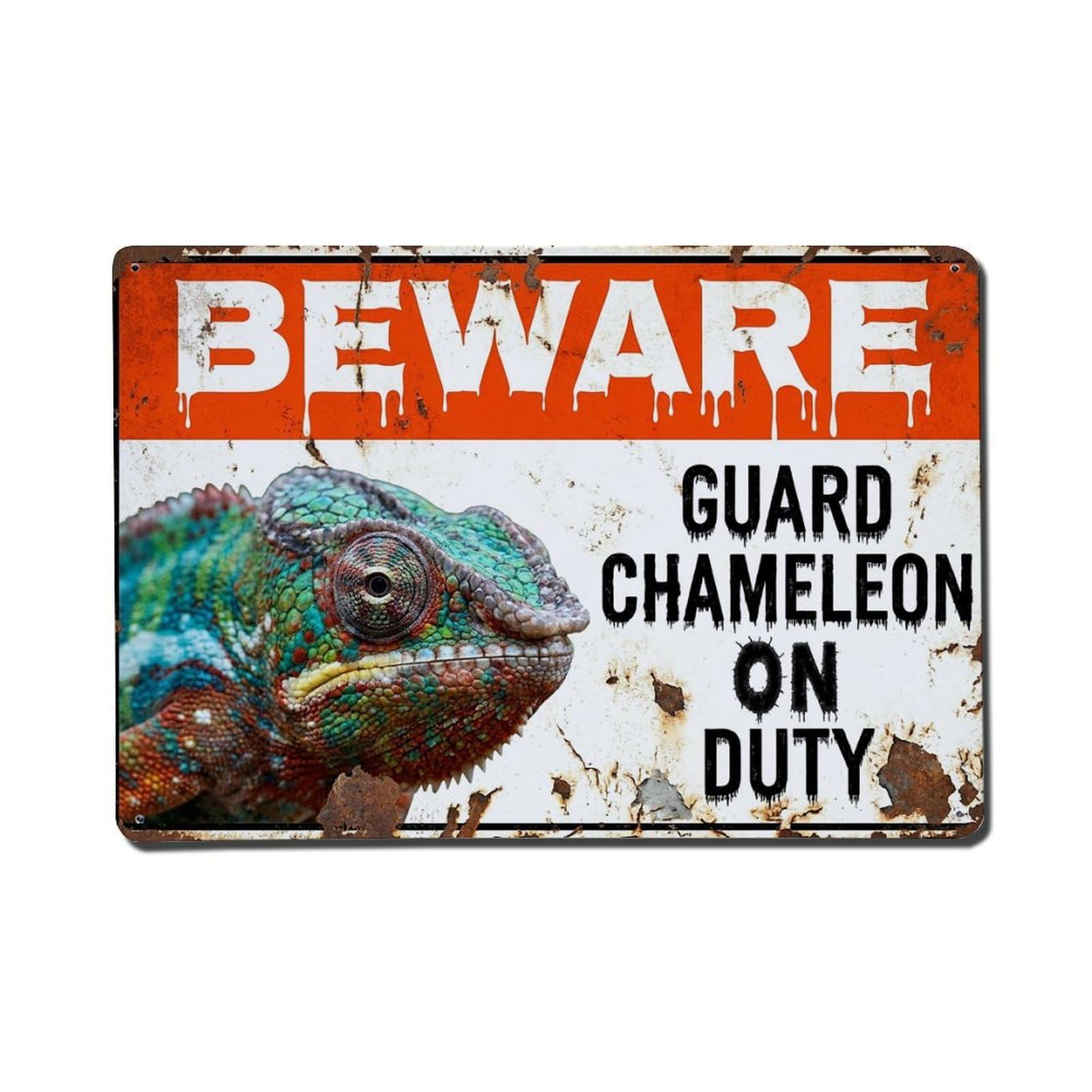 Vintage Funny Chameleon Guard Beware of Pet Gate Metal Tin Sign Plaque Wall Decor for Cafe, Club Bar, Office, Garden Metal Poster 8x12Inch