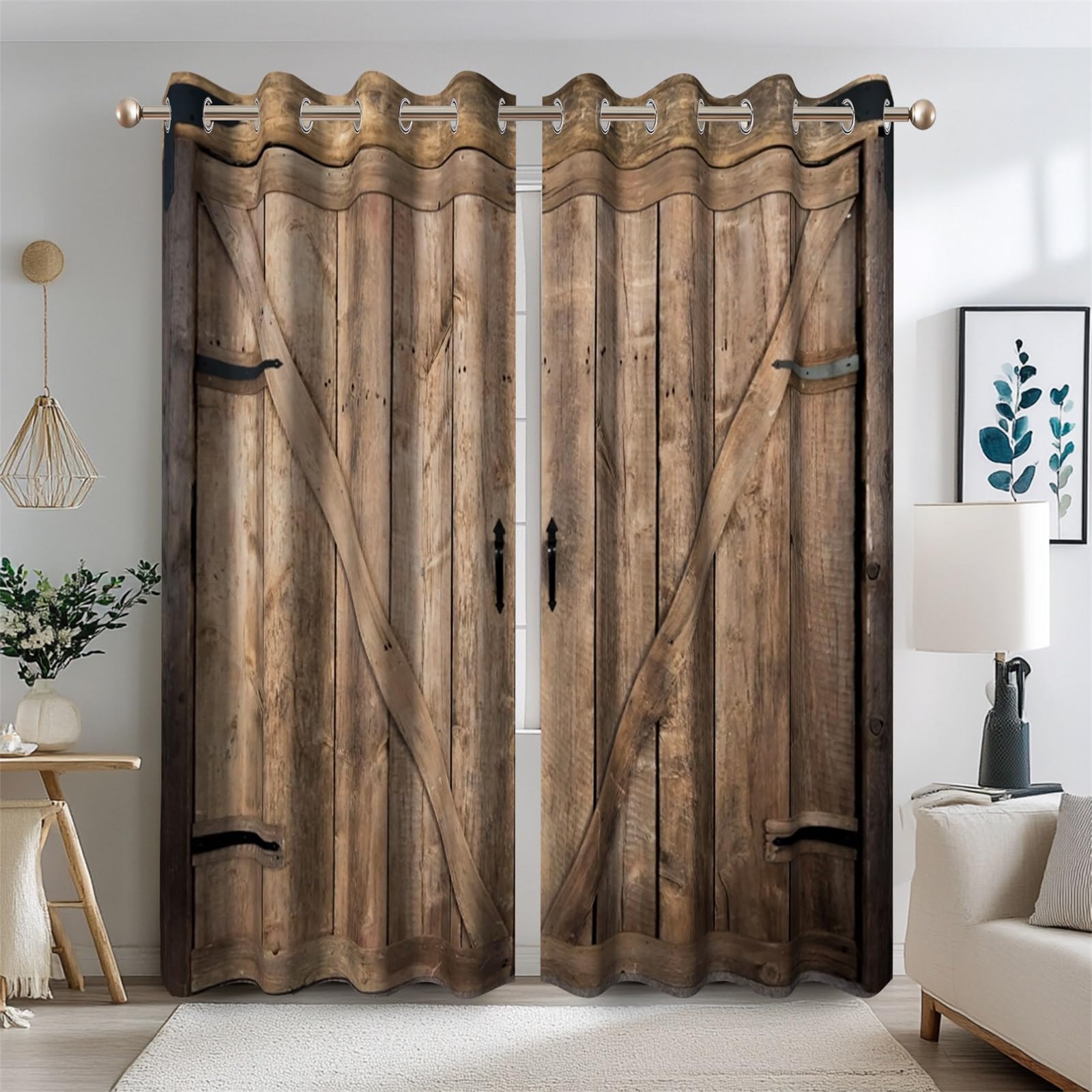 Cortinas de puerta de granero de madera, rústicas, vintage, con impresión de puerta de madera, tratamiento de ventana de granja, 2 paneles, cortinas de ventana aisladas térmicamente y