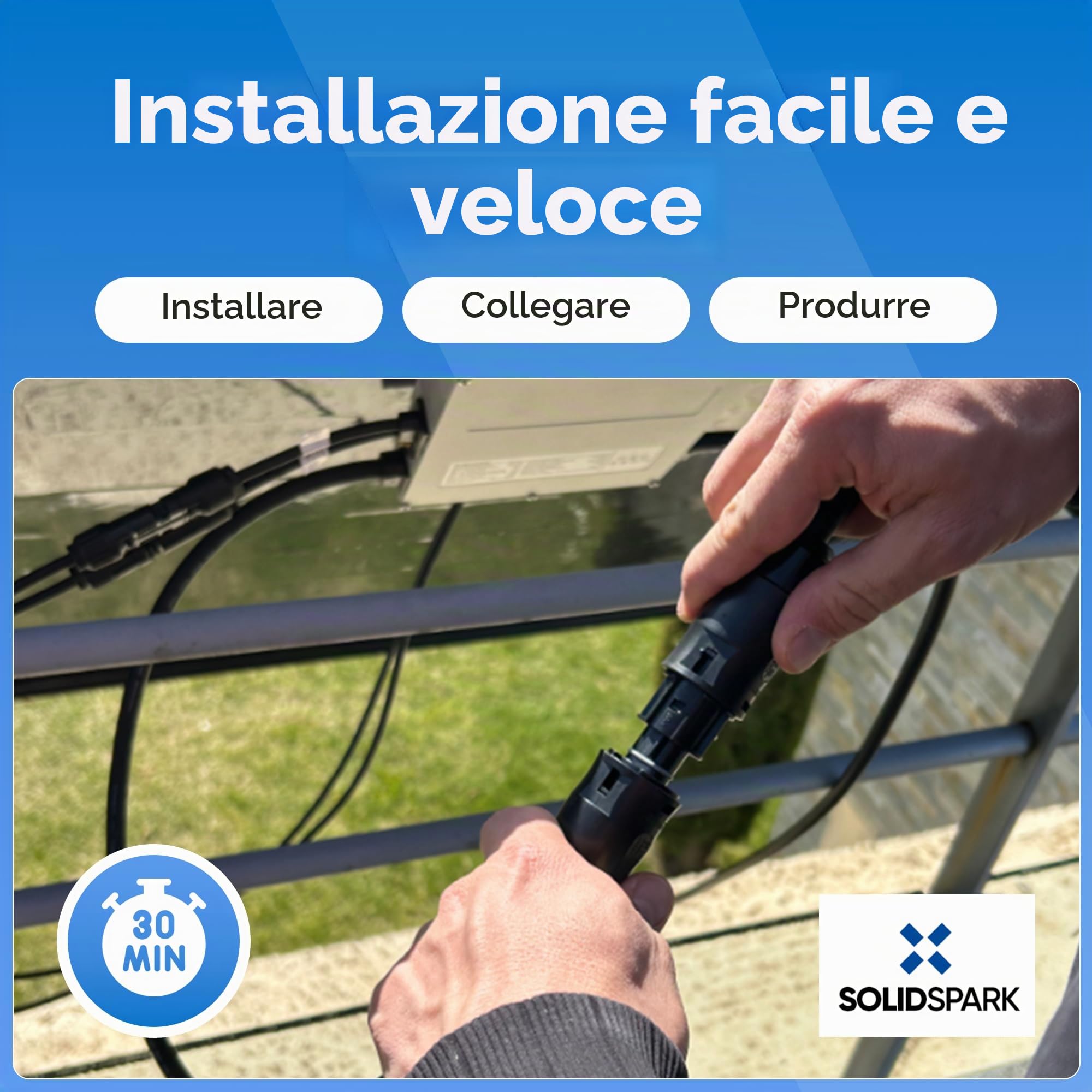 SOLIDSPARK Pannello solare Plug and Play Balcone 400W Monocristallini | IP67 | Fissaggio in alluminio nero | 19kg spostabile da solo | Kit di collegamento in serie | Resistente alle intemperie