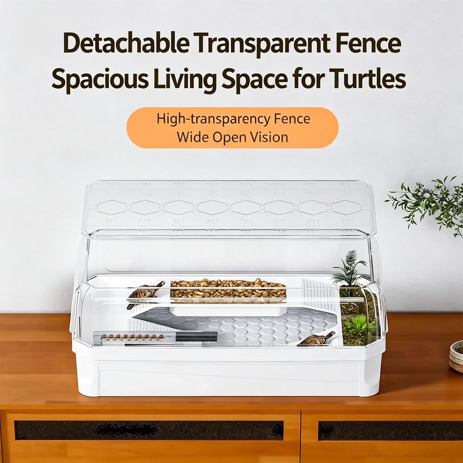 Acuario para Tortugas con Bomba de Agua y Filtro | Fácil de cambiar el agua y limpiar, resistente a caídas, con plataforma para plantas y rampa(Large)