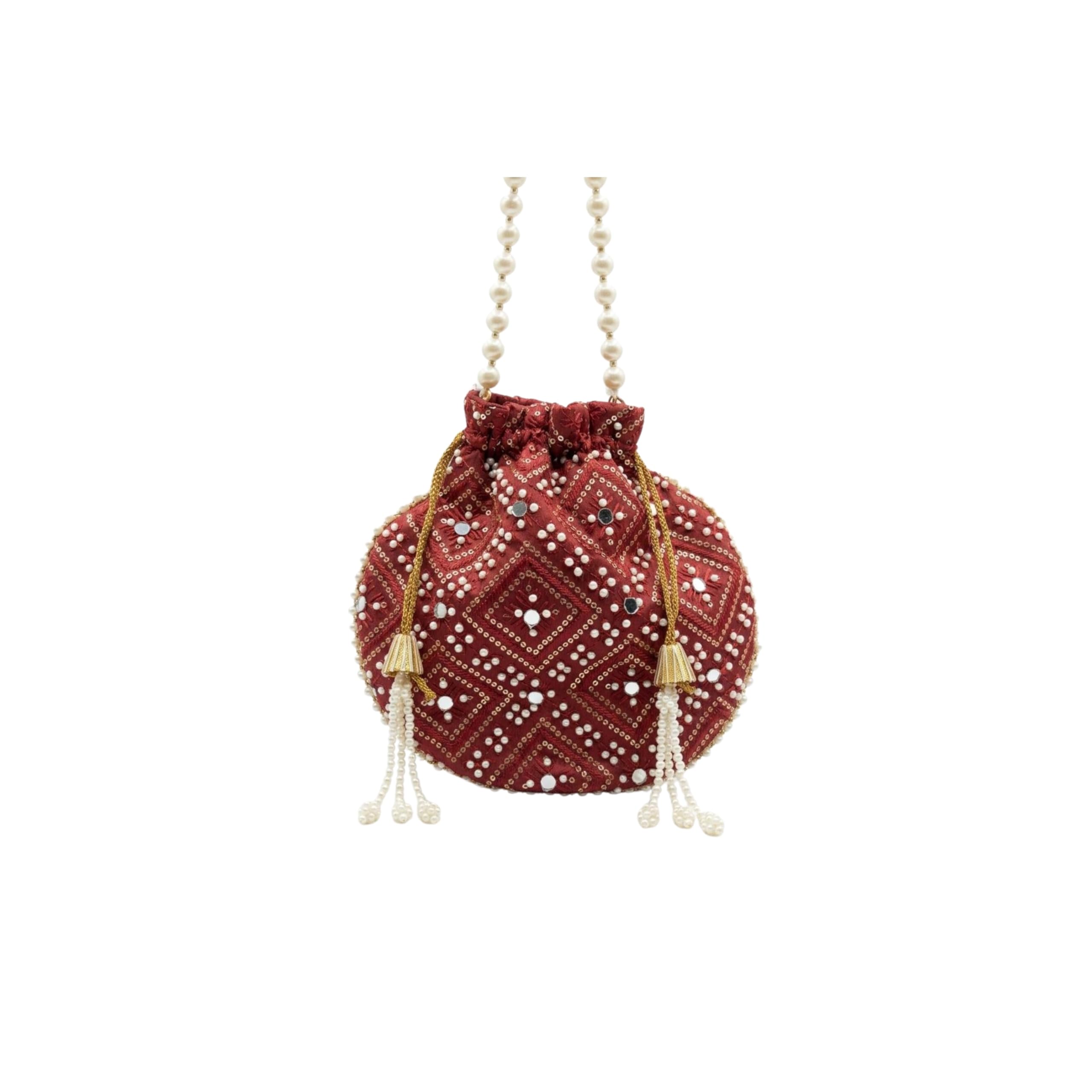 nayashi Potli Bag for Women, Red Silk with Zari Embroidery & Mirror Work, Pearl Handle & Tassels, Ethnic Clutch for Wedding & Festival, 9x9 Inches-picture-31