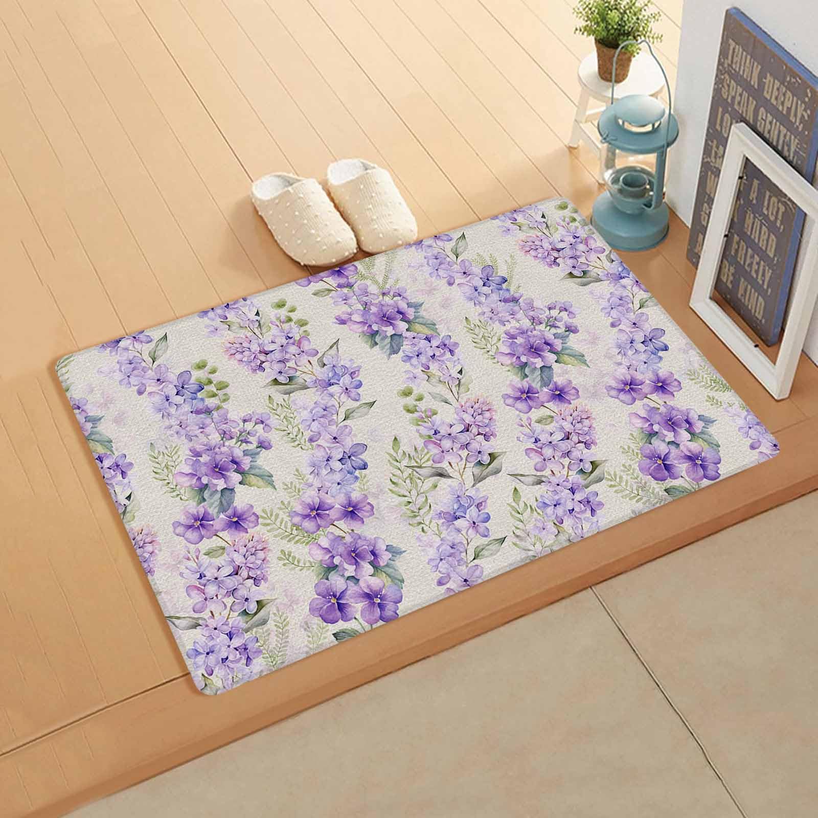 Purple Watercolor Floral Antifatigue Kitchen Bath Door Mat Cushioned Runner Rug,Washable Welcome Floor Sink Mat,Waterproof & Non-Slip Kitchen Standing Doormat,Botanical Wildflower Green Leaves 18