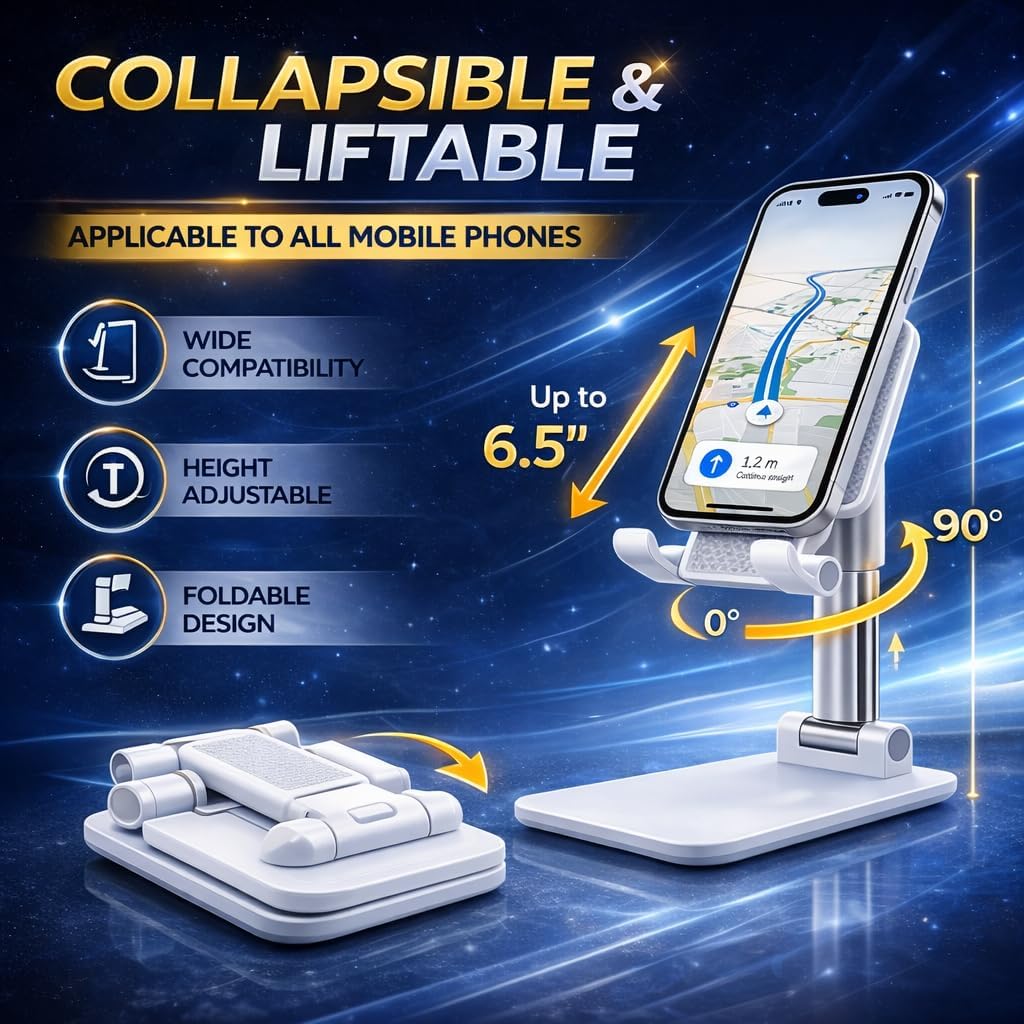 Adjustable Phone Stand for Desk, Foldable Cell Phone Holder with Height & Angle Adjustment, Anti-Slip Base, Compatible with iPhone, Android & Tablets, 2 Pack (Black & White)